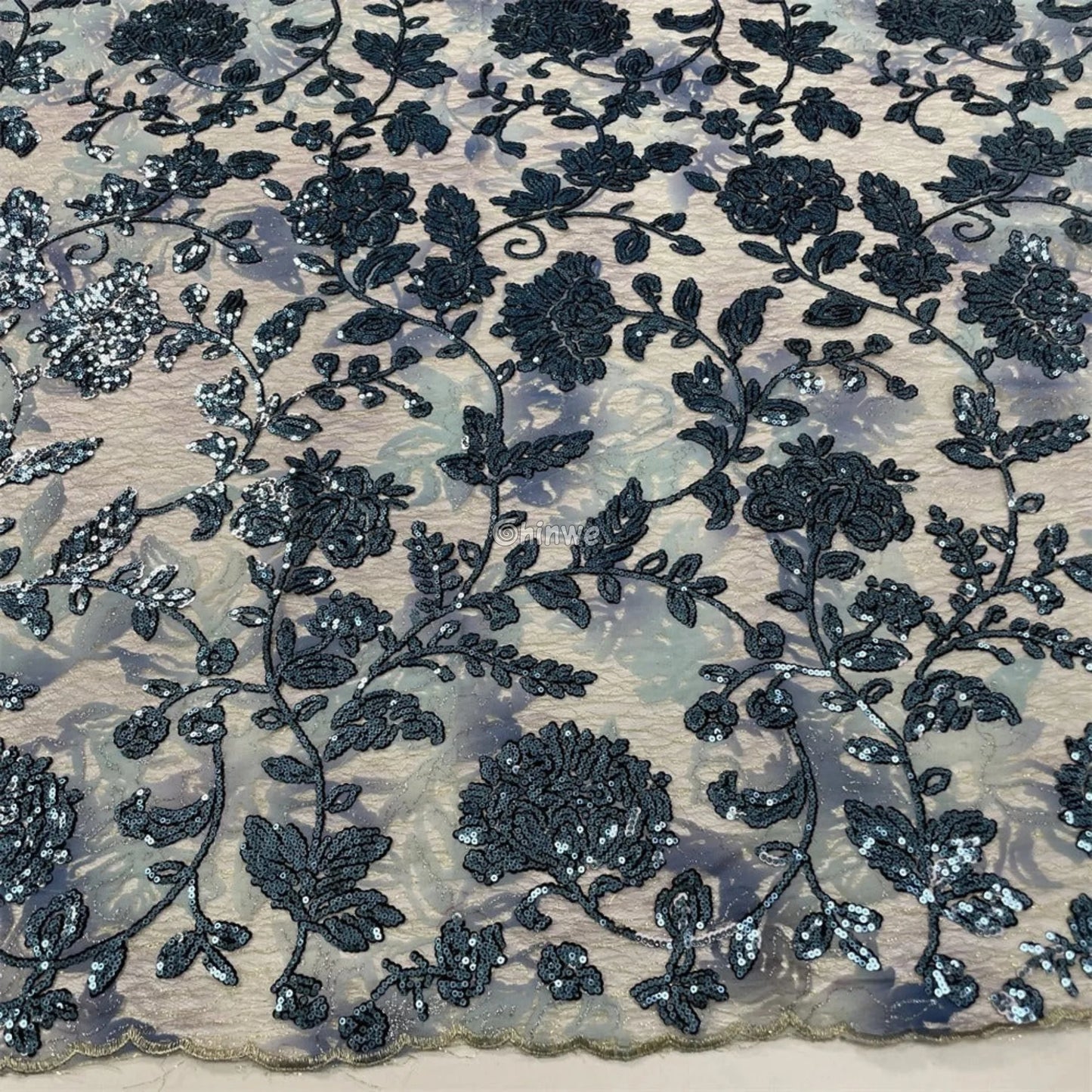 Sequined Floral Vine Embroidered Lace with Sheer Textured Base and Shimmer Finish Lace