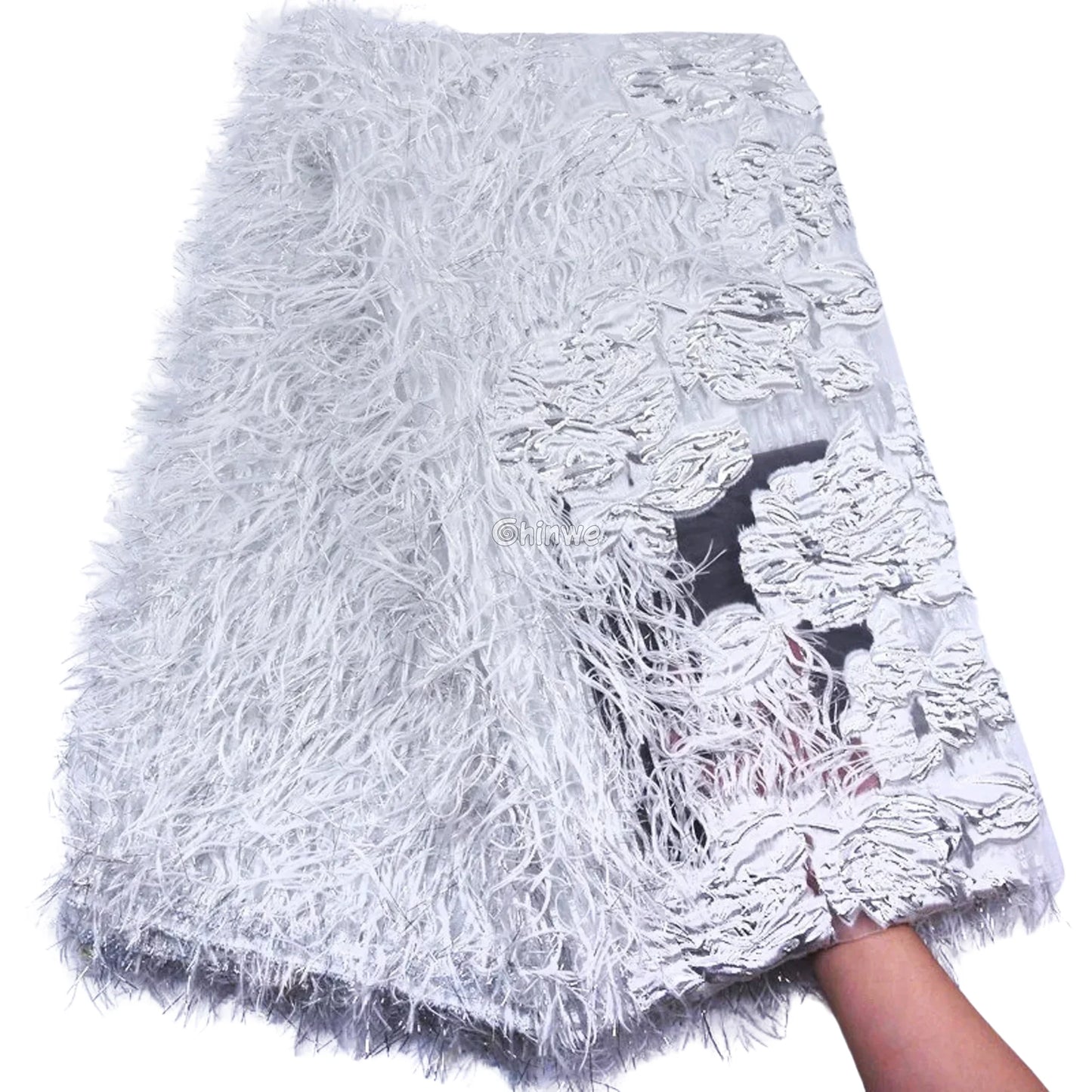3D Floral Fringe Lace with Raised Embroidery & Metallic Fibers on Mesh Tulle Fabric Lace