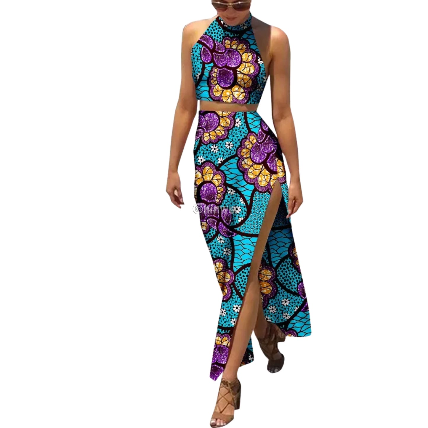 Summer Days Halter Two Piece Set Slit Maxi Skirt and Crop Top Women’s Clothing