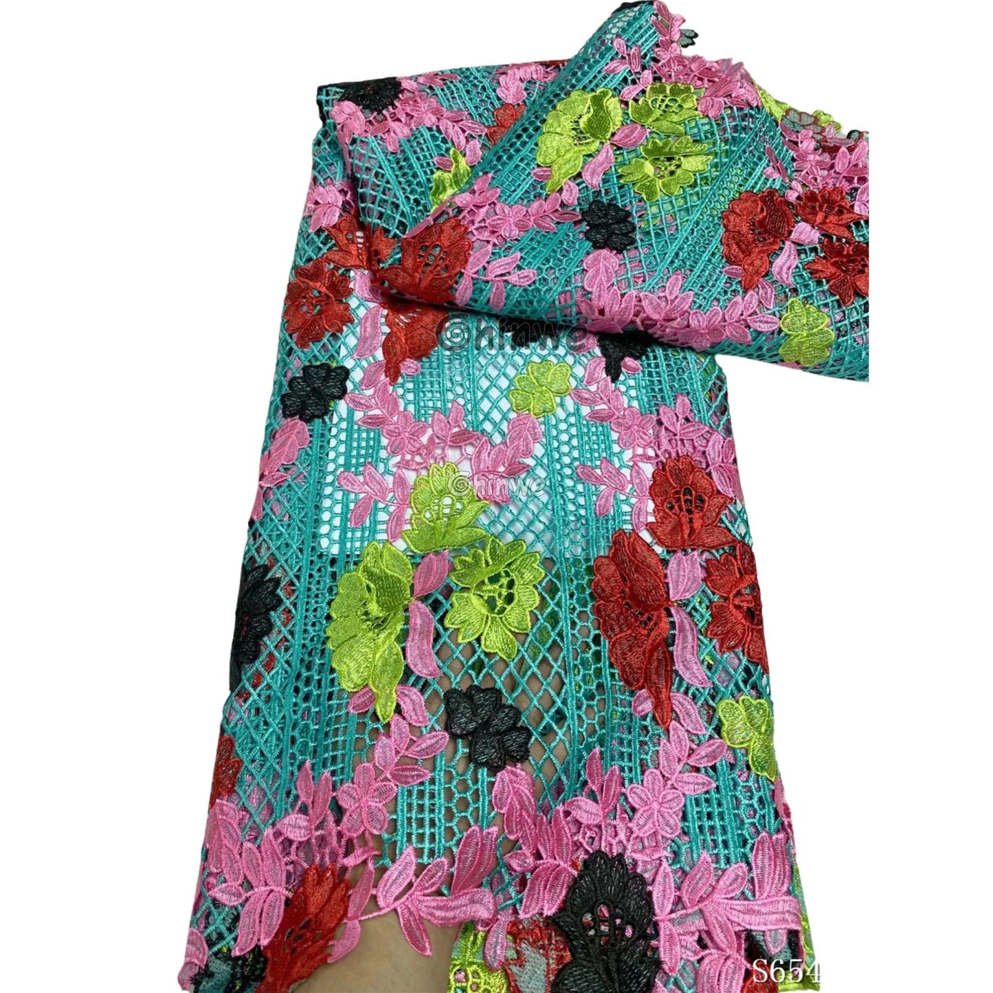 Multicolor Floral Embroidered Guipure Lace with 3D Bloom Overlay & Scalloped Edge Detailing, African Water Soluble Lace Fabric, Guipure Cord Lace Fabric