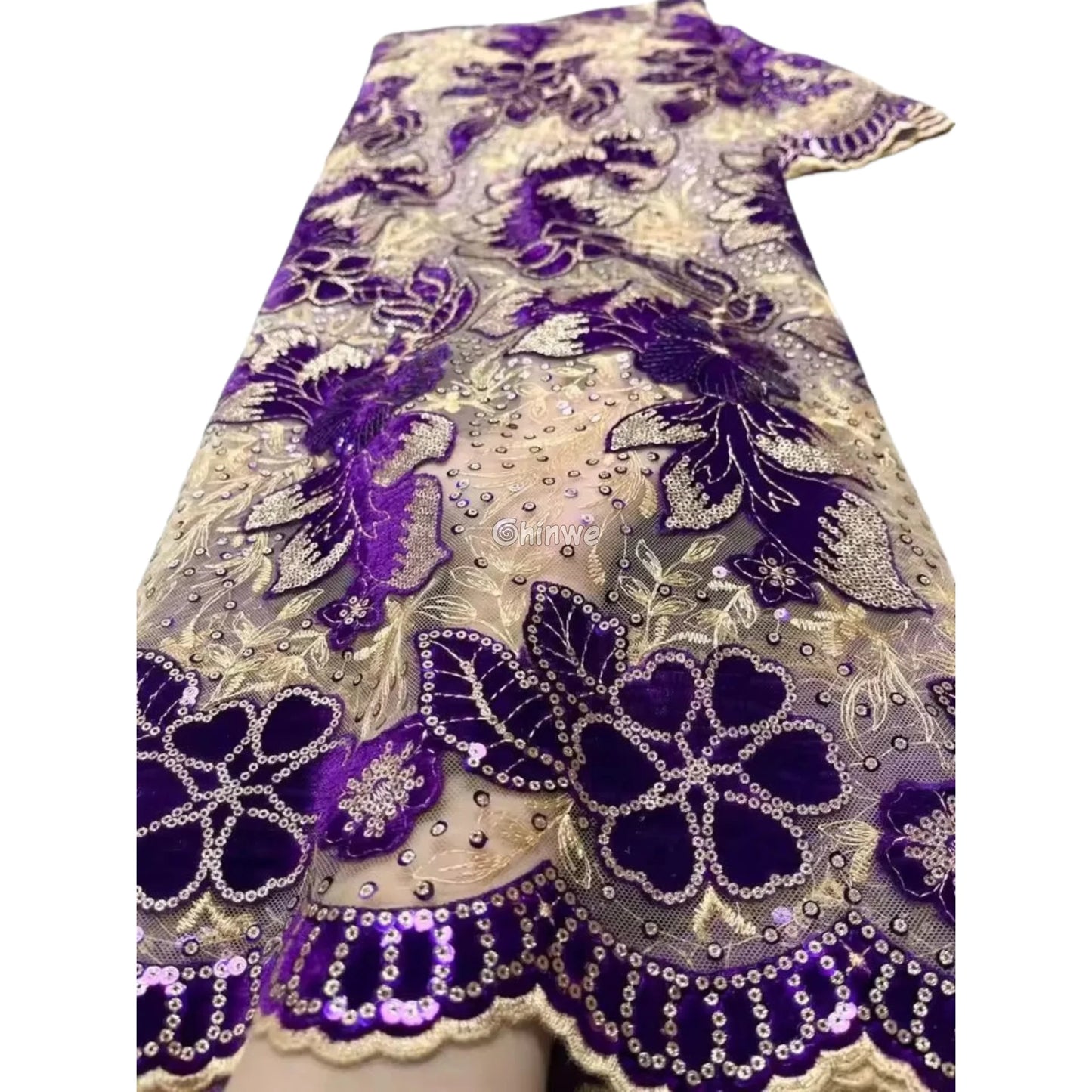 Champagne Mesh Floral Velvet Appliqué Sequined Lace Fabric with Scalloped Floral Edge