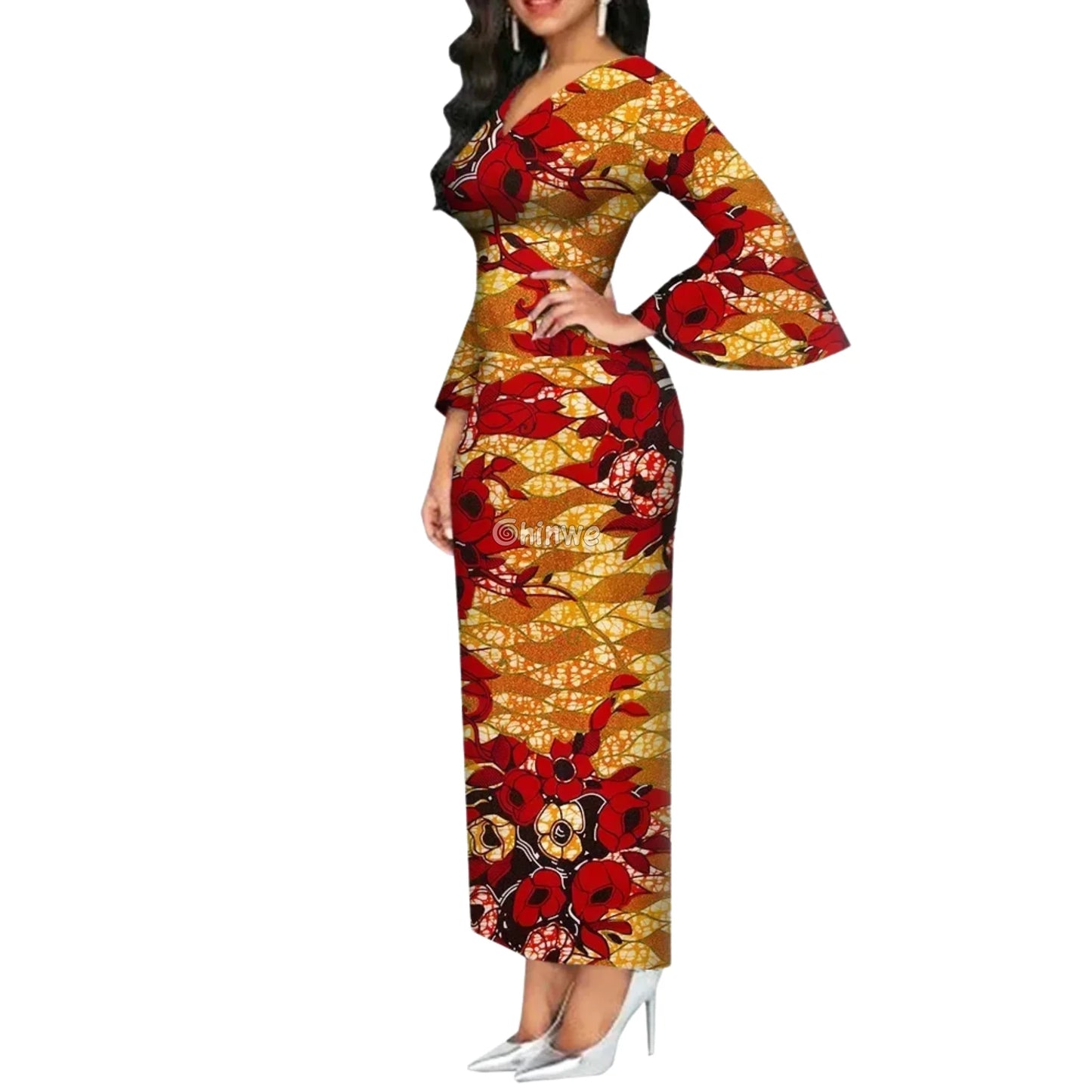 Imani One Shoulder Flare Sleeve Ankara Dress In Mystic Roots Poppy Flame Gold / Customized Women’s Clothing