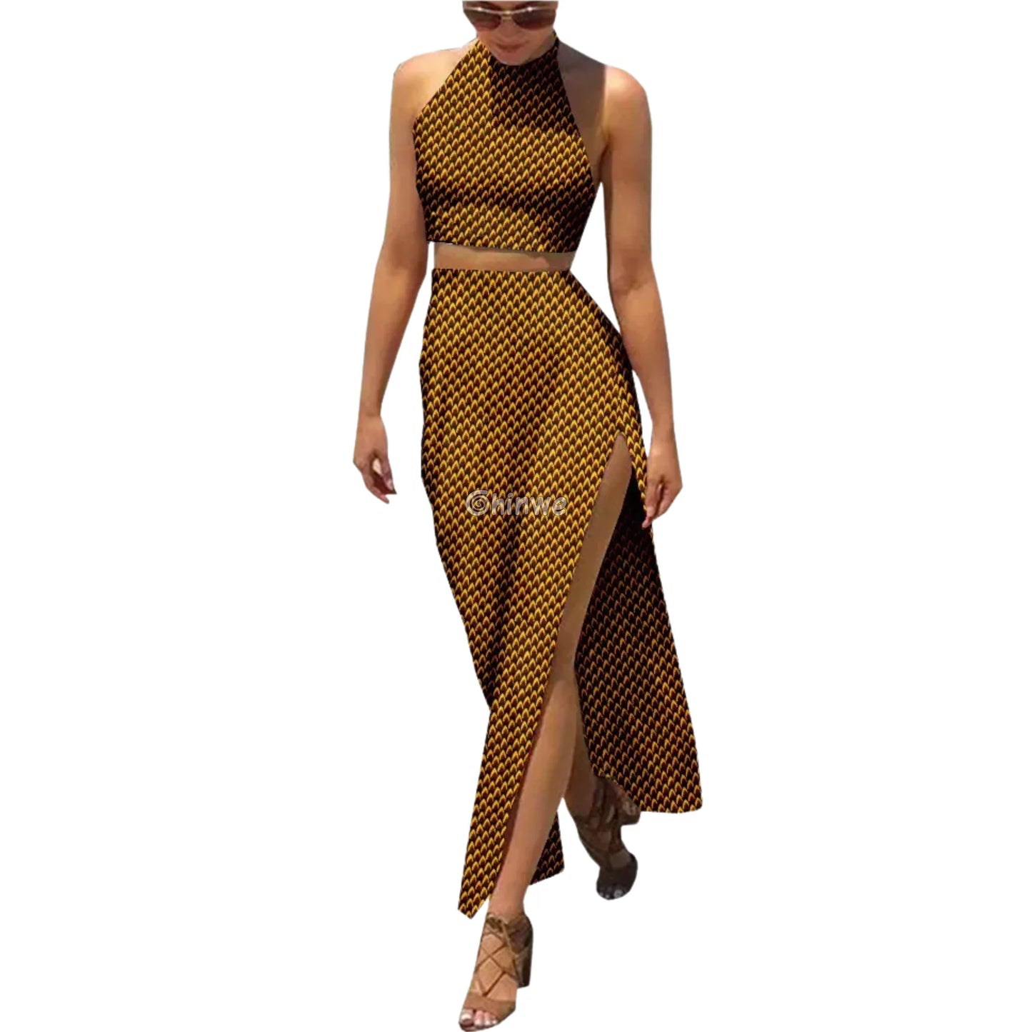 Summer Days Halter Two Piece Set Slit Maxi Skirt and Crop Top Women’s Clothing