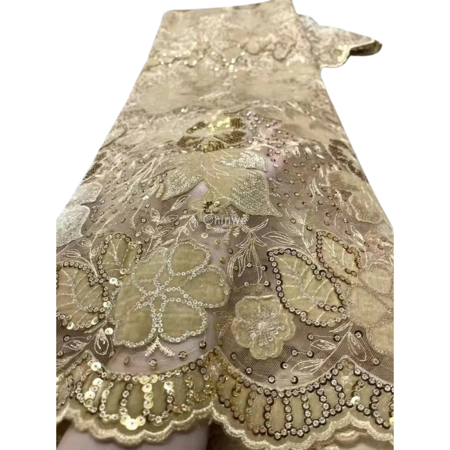 Champagne Mesh Floral Velvet Appliqué Sequined Lace Fabric with Scalloped Floral Edge Pale Gold & Champagne Velvet