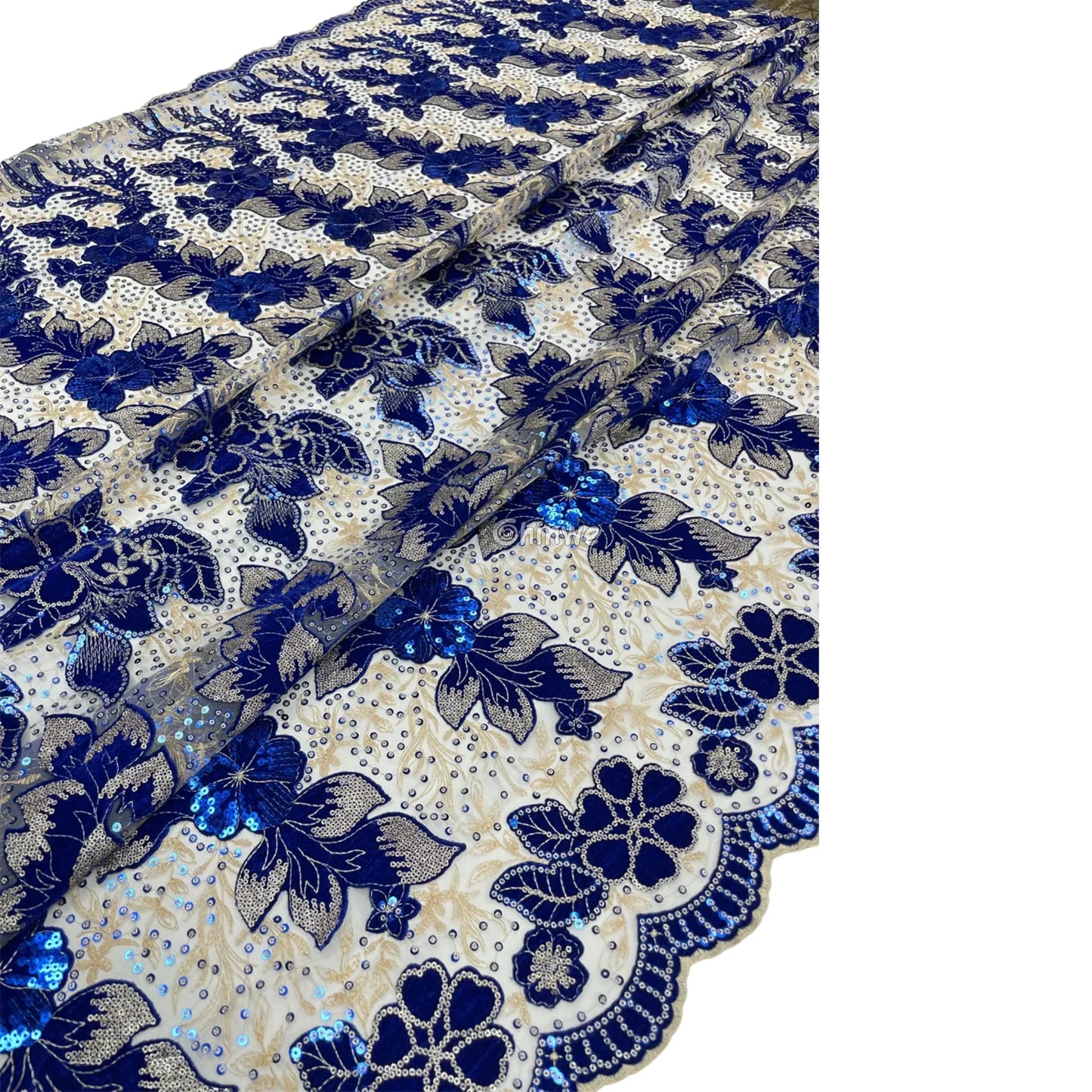 Champagne Mesh Floral Velvet Appliqué Sequined Lace Fabric with Scalloped Floral Edge
