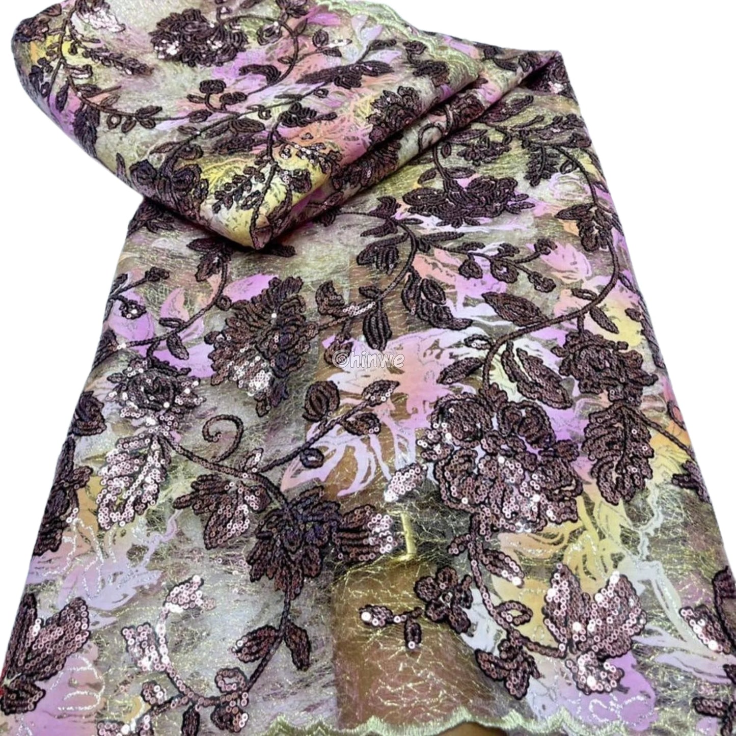 Sequined Floral Vine Embroidered Lace with Sheer Textured Base and Shimmer Finish Lace