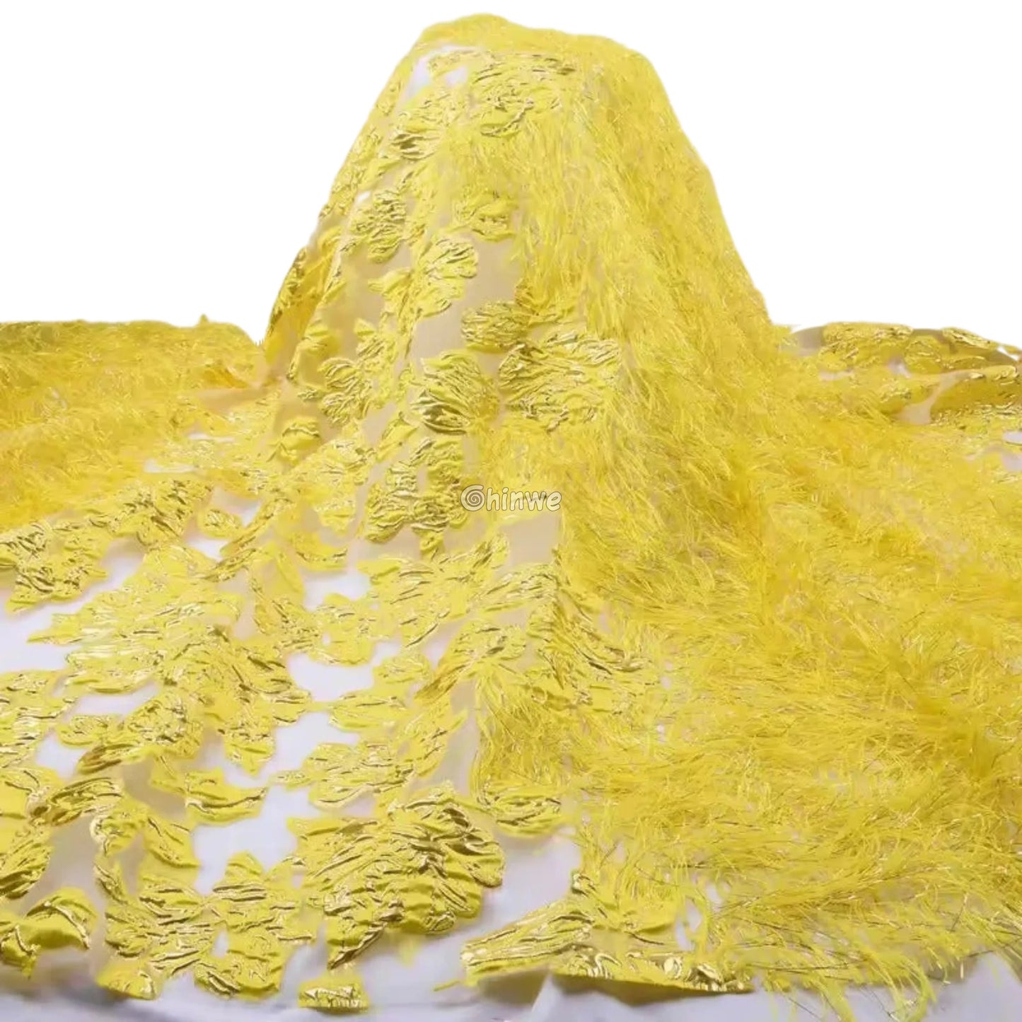 3D Floral Fringe Lace with Raised Embroidery & Metallic Fibers on Mesh Tulle Fabric Lace