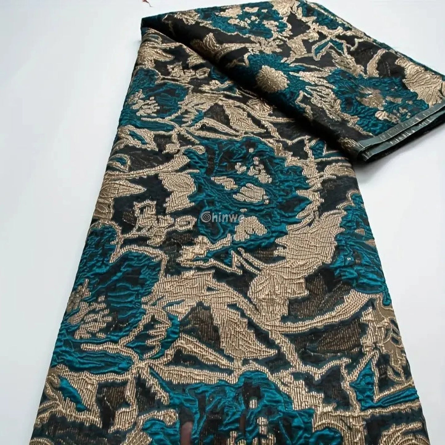 Textured Damask & Brocade Lace Fabric with Raised Floral Motif and Metallic Sheen Gradient Lace