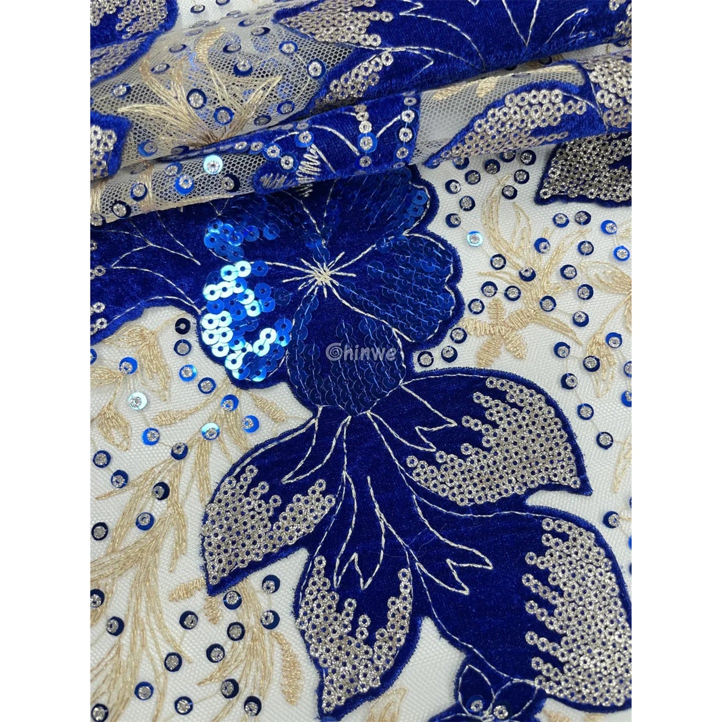 Champagne Mesh Floral Velvet Appliqué Sequined Lace Fabric with Scalloped Floral Edge
