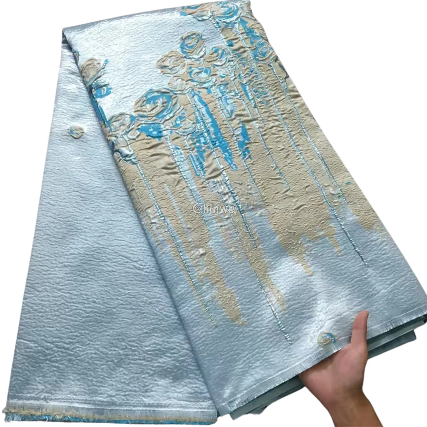 3D Rose Drip Embroidered Brocade Fabric – Floral Metallic Jacquard with Textured Sheen Sky Blue & Gold Rose Jacquard
