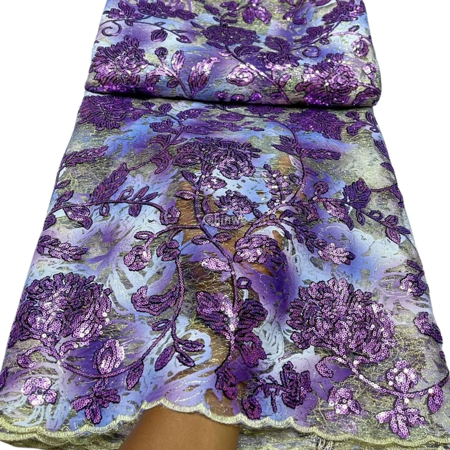 Sequined Floral Vine Embroidered Lace with Sheer Textured Base and Shimmer Finish Lace