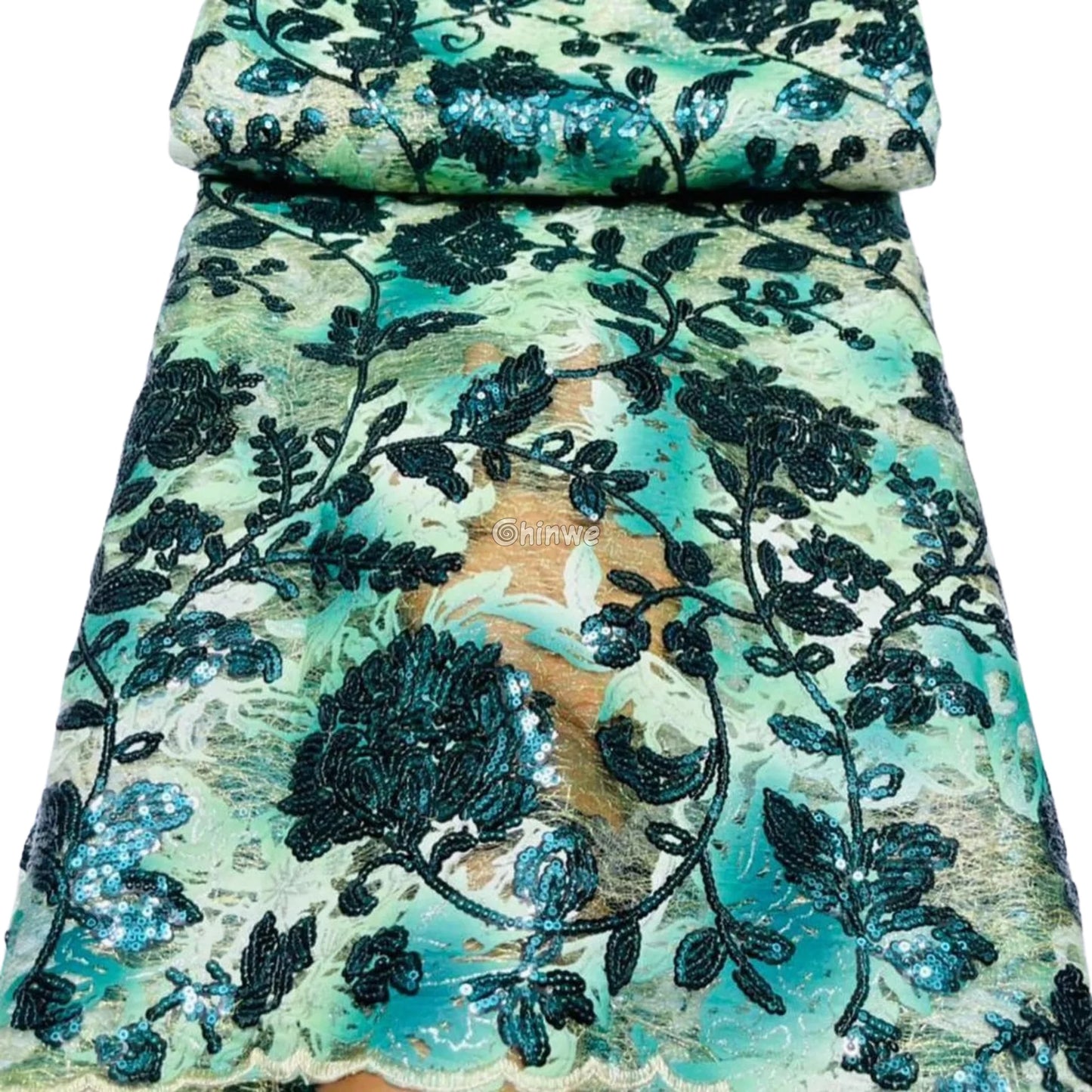Sequined Floral Vine Embroidered Lace with Sheer Textured Base and Shimmer Finish Lace
