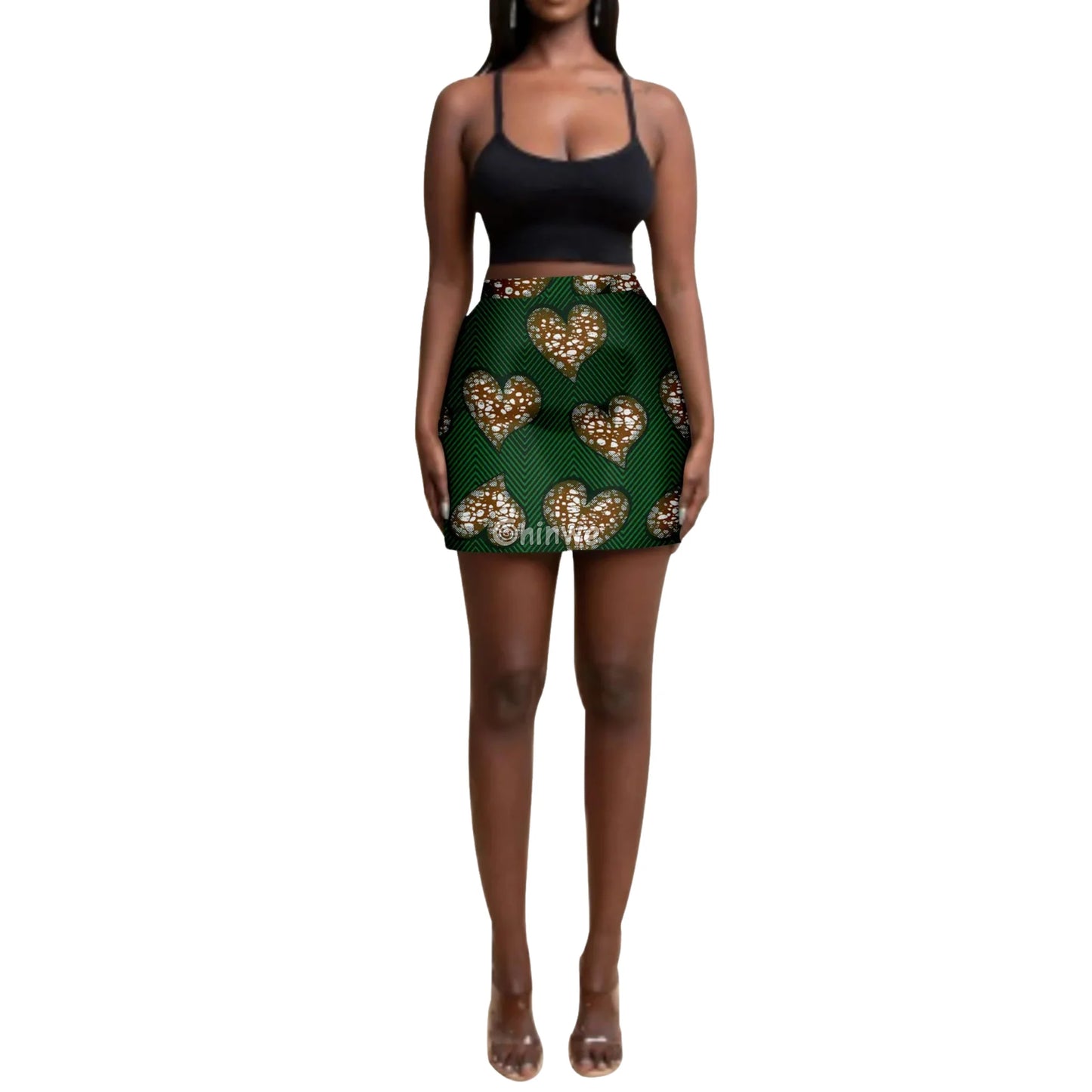 Statement Print High Waisted A Line Pencil Mini Skirt - Green Heart Ankara Mini Skirt / Customized - Women’s Clothing