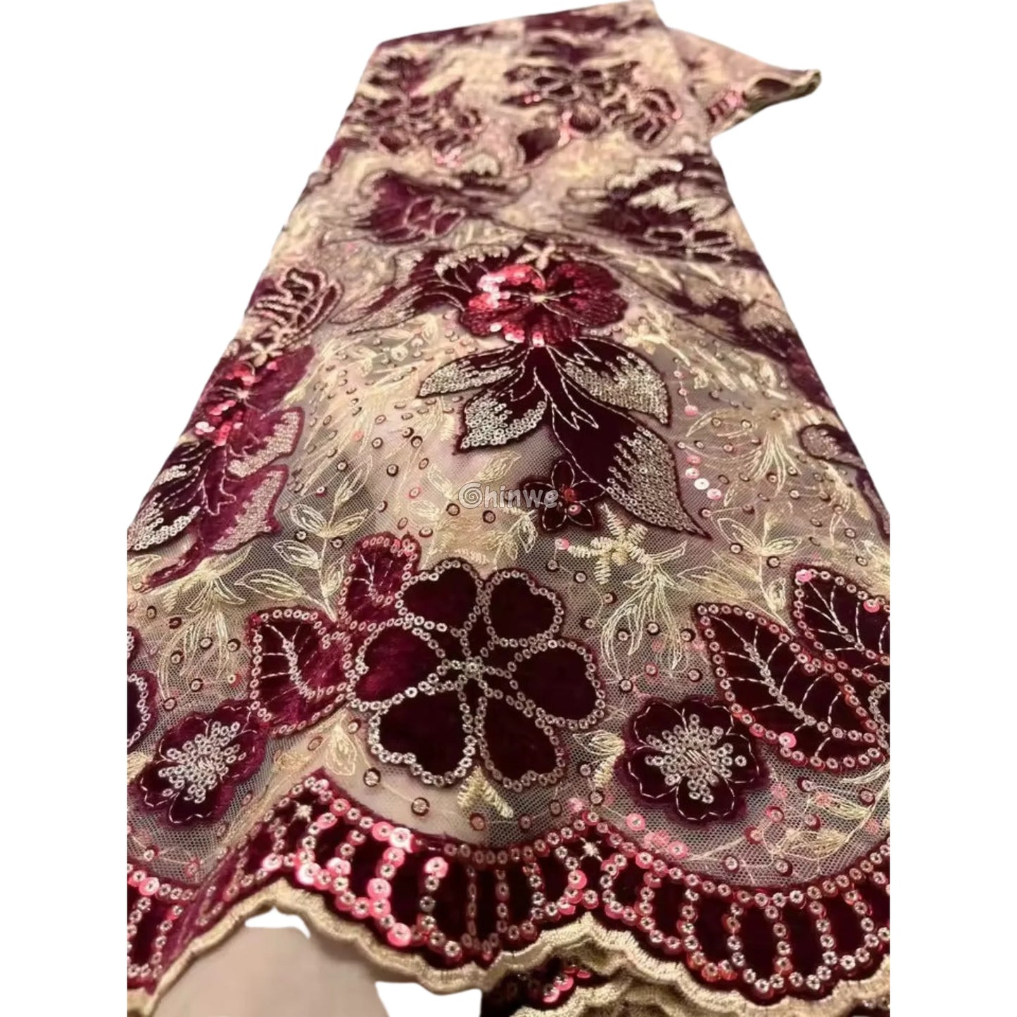 Champagne Mesh Floral Velvet Appliqué Sequined Lace Fabric with Scalloped Floral Edge