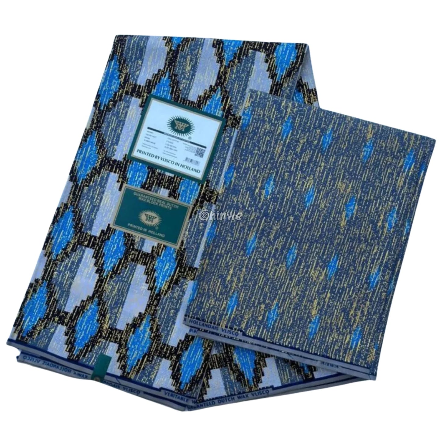Silver Blue & Black Kente Brocade with Interlocking Diamond Motif and Metallic Accents Azure Chain Kente / 6yards