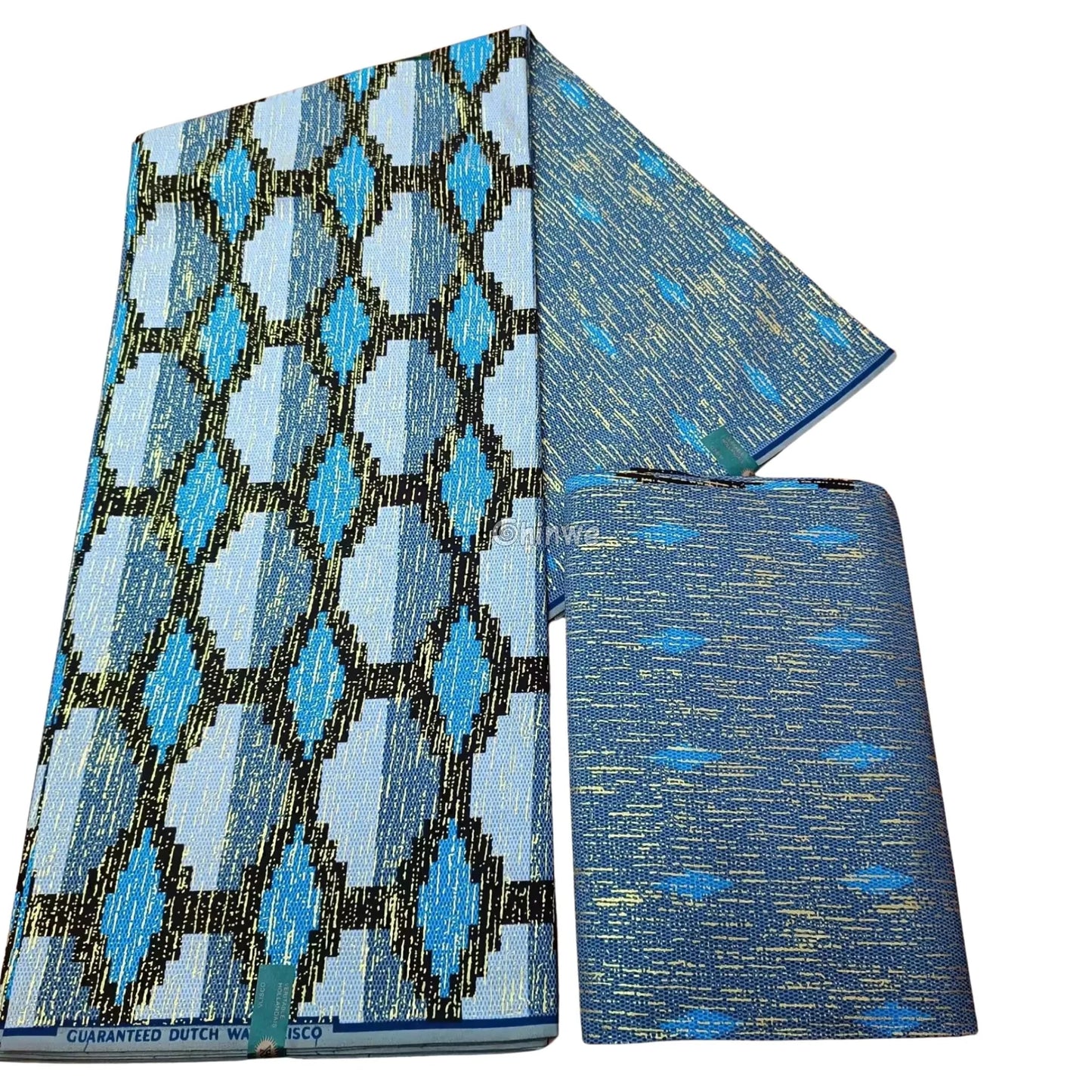 Silver Blue & Black Kente Brocade with Interlocking Diamond Motif and Metallic Accents Azure Chain Kente / 6yards