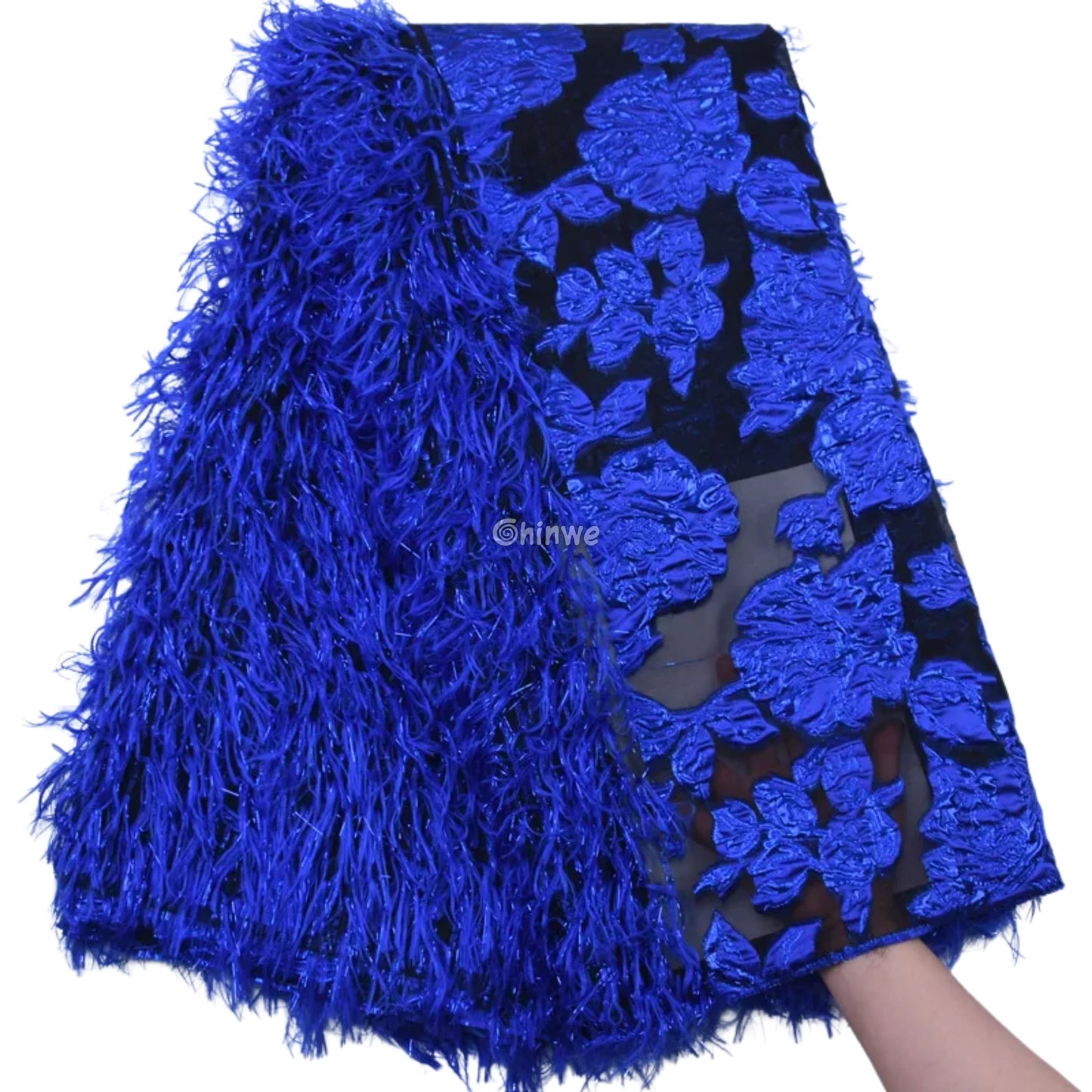 3D Floral Fringe Lace with Raised Embroidery & Metallic Fibers on Mesh Tulle Fabric Royal Blue / 5yard Lace