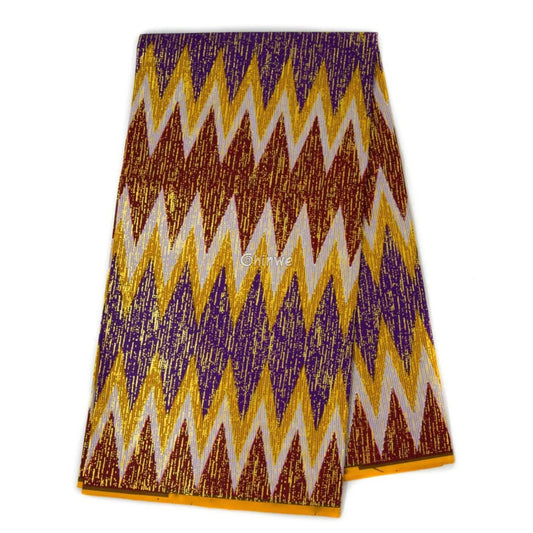Sunfire Zigzag Kente Brocade Fabric in Yellow Purple & Red with Gold Metallic Threading Sunfire Zigzag Kente / 6yards
