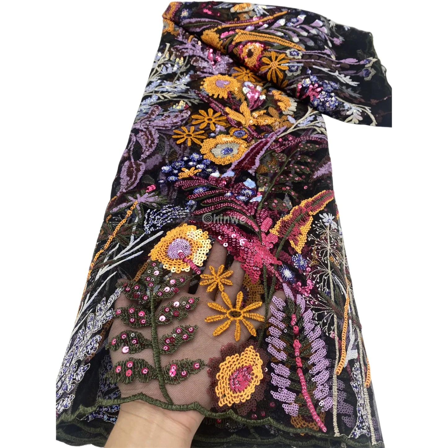 Black & Marigold Botanical Floral Vine Sequined Embroidered Scalloped-Edge Lace Fabric Lace