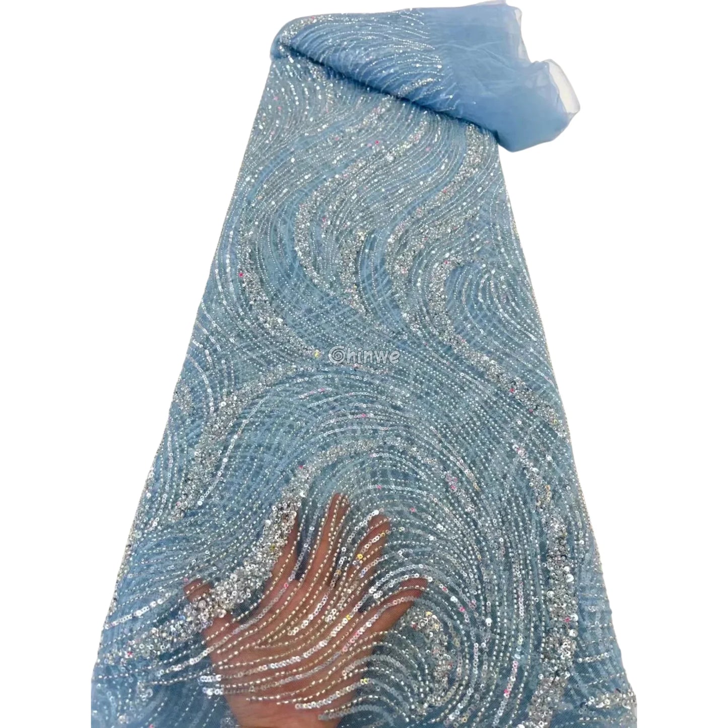Sequined Swirl Embroidery on Sheer Mesh with Iridescent Highlights and Wave Pattern Detailing Sky Blue / 5 Yards