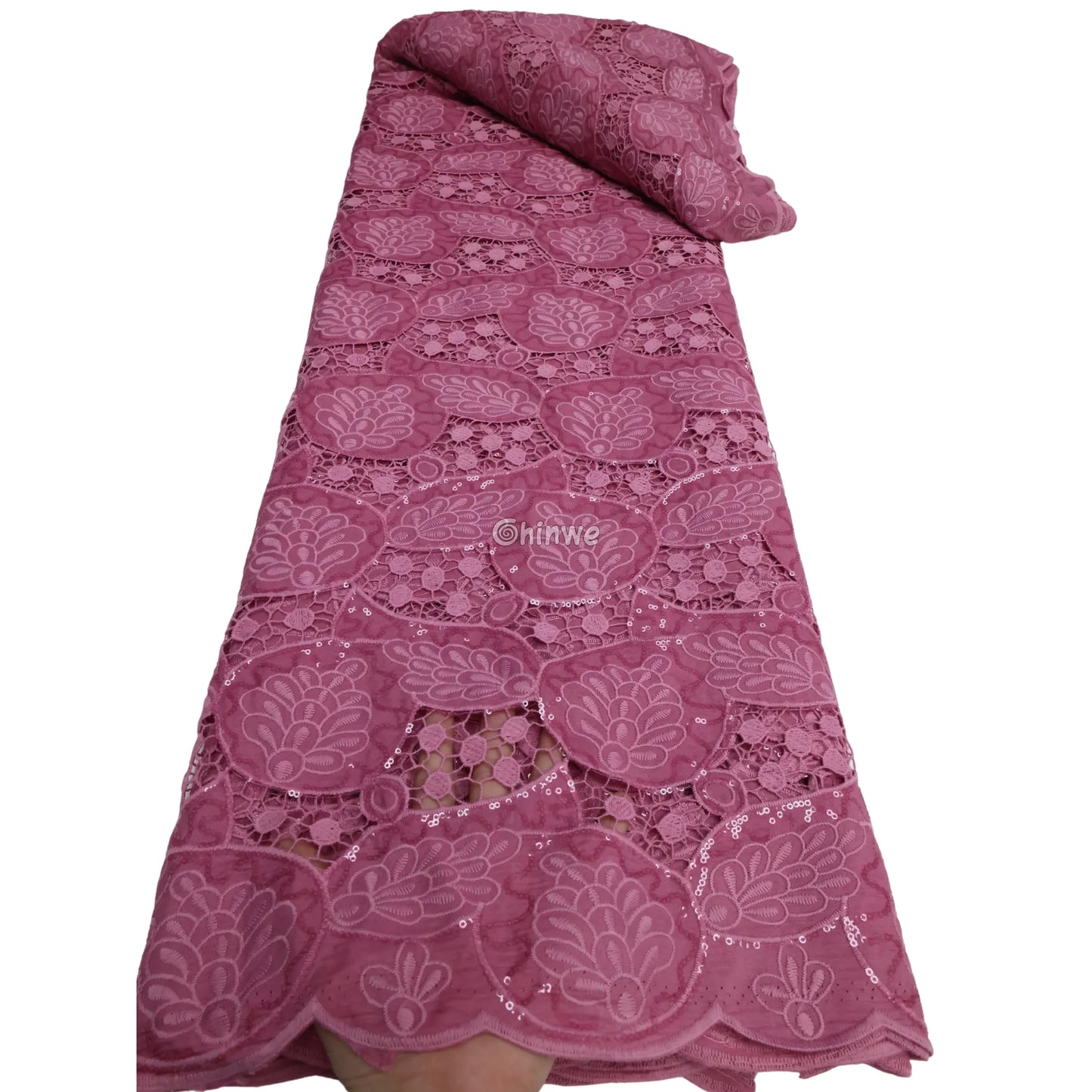 Sequin-Embellished Geometric Circle Appliqué Embroidered Lace with Scalloped Edge & Sheer Mesh Lace