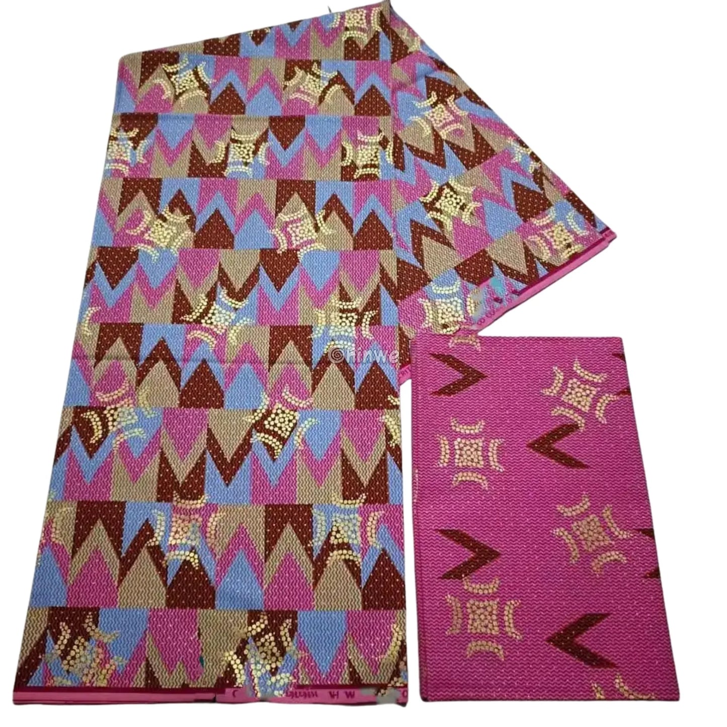 Pink Brown & Blue Kente Brocade with Adinkra Motif and Chevron Stripe Pattern in Gold Shimmer Blush Clay Kente / 6yards