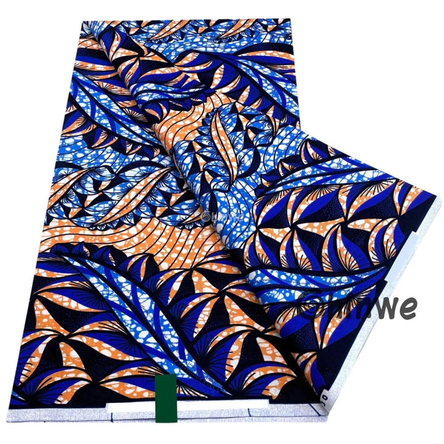 Blue and Orange Layered Leaf Motif with Curved Bands and Batik Dot Texture on African Wax Print Cotton