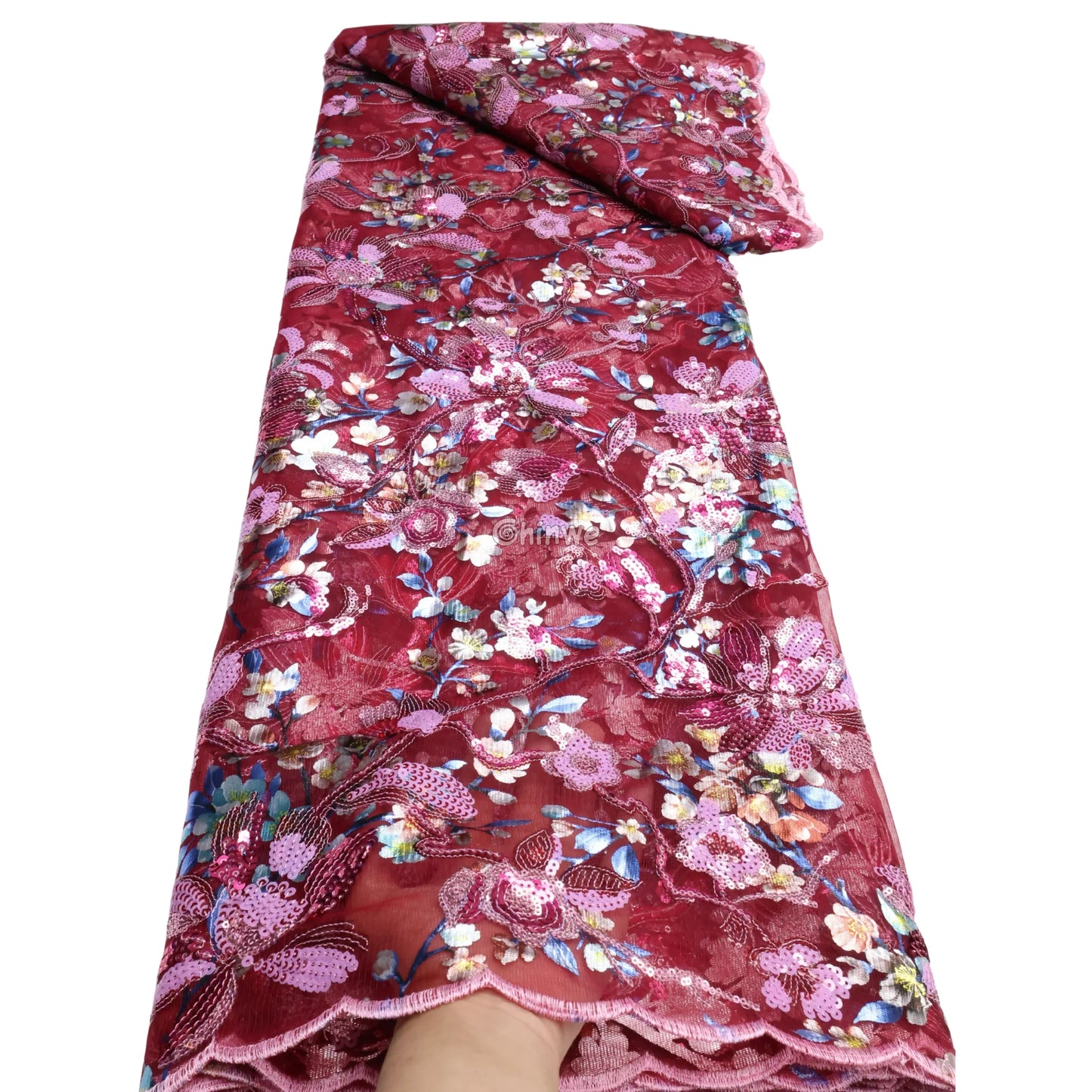 Blossom Vine Tulle Net Lace with Scattered Sequins & 3D Petal Embroidery Ruby Bloom Net Lace / 5 Yards / 120cm Lace