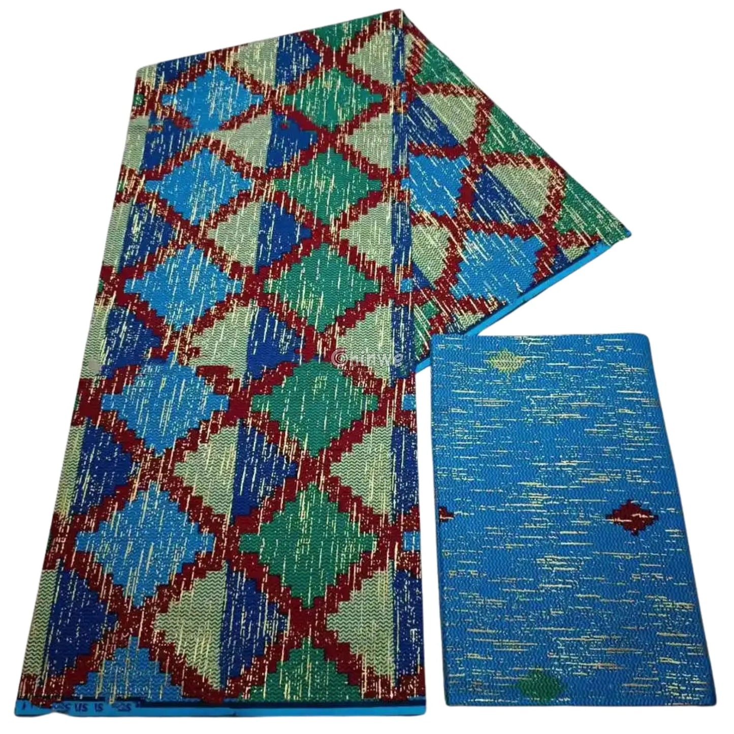 Blue Green & Red Kente Brocade with Diamond Grid Motif and Gold Metallic Threading Sapphire Grids Kente / 6yards
