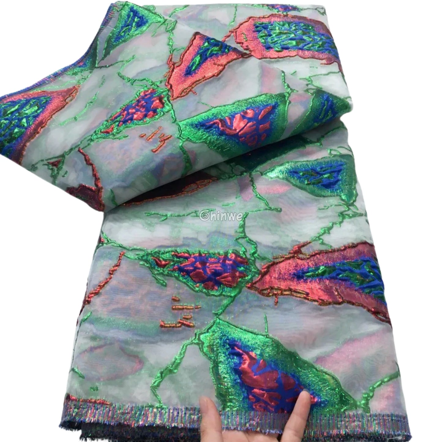 Jacquard Brocade Lace with Abstract Shard Motif and Lustrous Metallic Sheen for Couture Crafts Mint Aurora Shard / 5