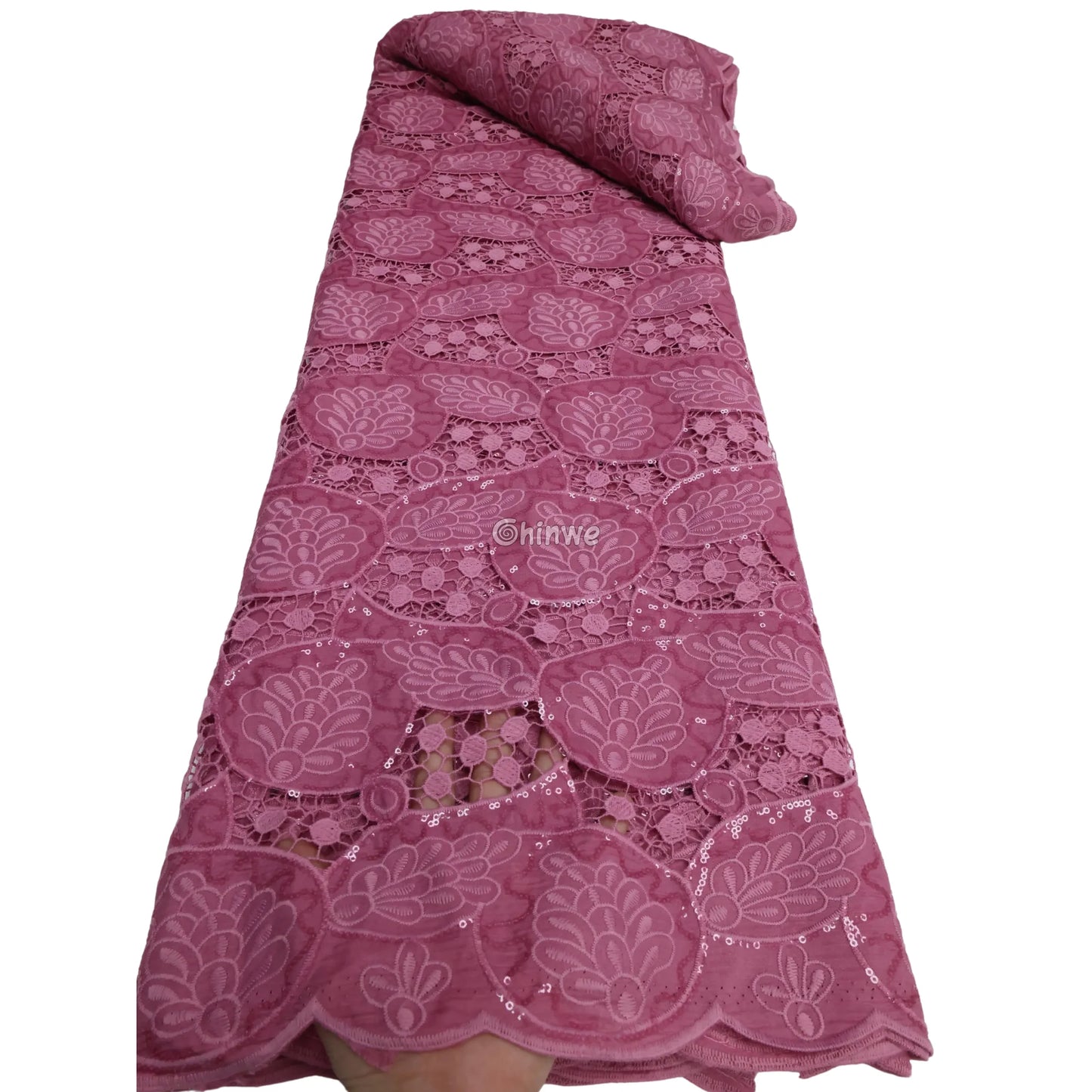 Sequin-Embellished Geometric Circle Appliqué Embroidered Lace with Scalloped Edge & Sheer Mesh Smoky Rose / 5 Yards