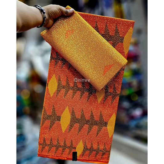 Orange Gold & Green Kente Brocade with Diamond Flame Motif and Dense Metallic Dot Texture Burnt Orange / 6yards African