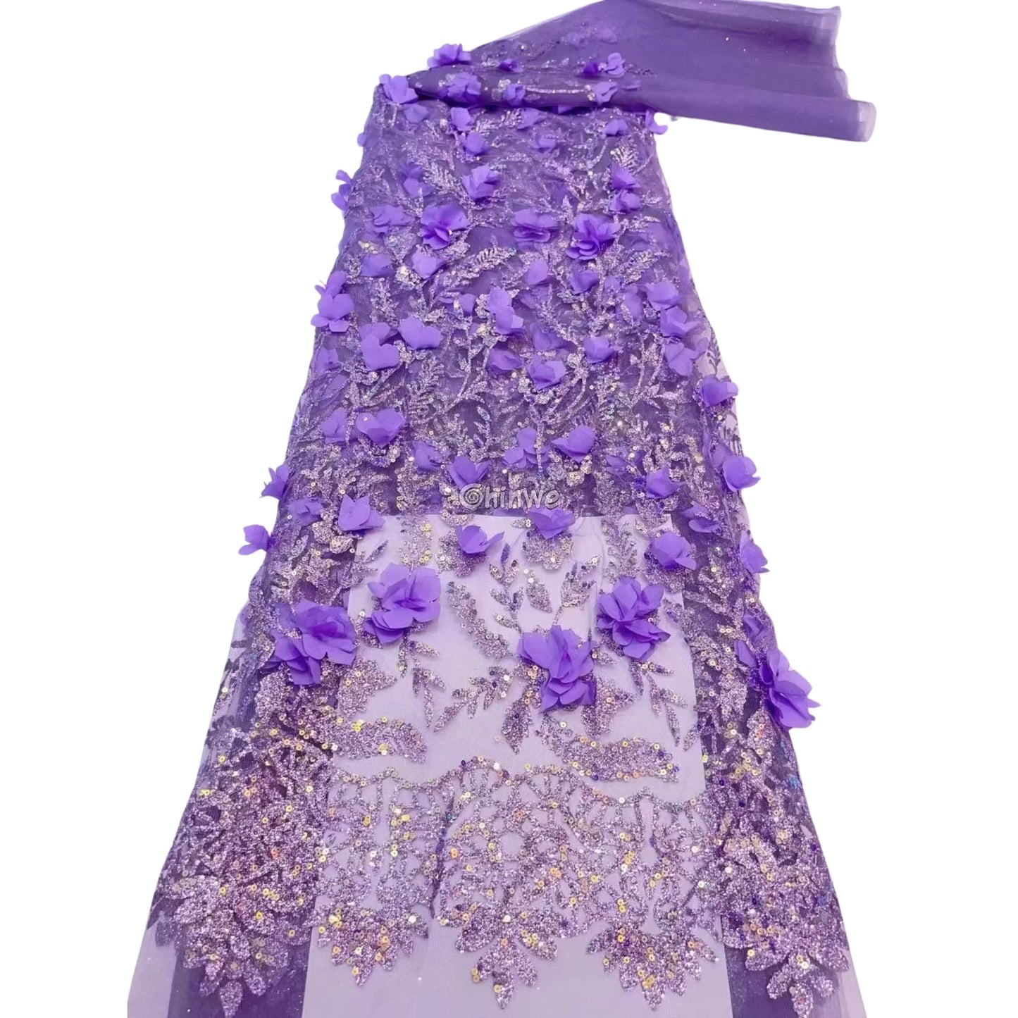 3D Appliqué Petal Lace with Sequined Vine Embroidery – Luxury Wedding & Party Fabric Violet Blossom Drift / 5yard Lace