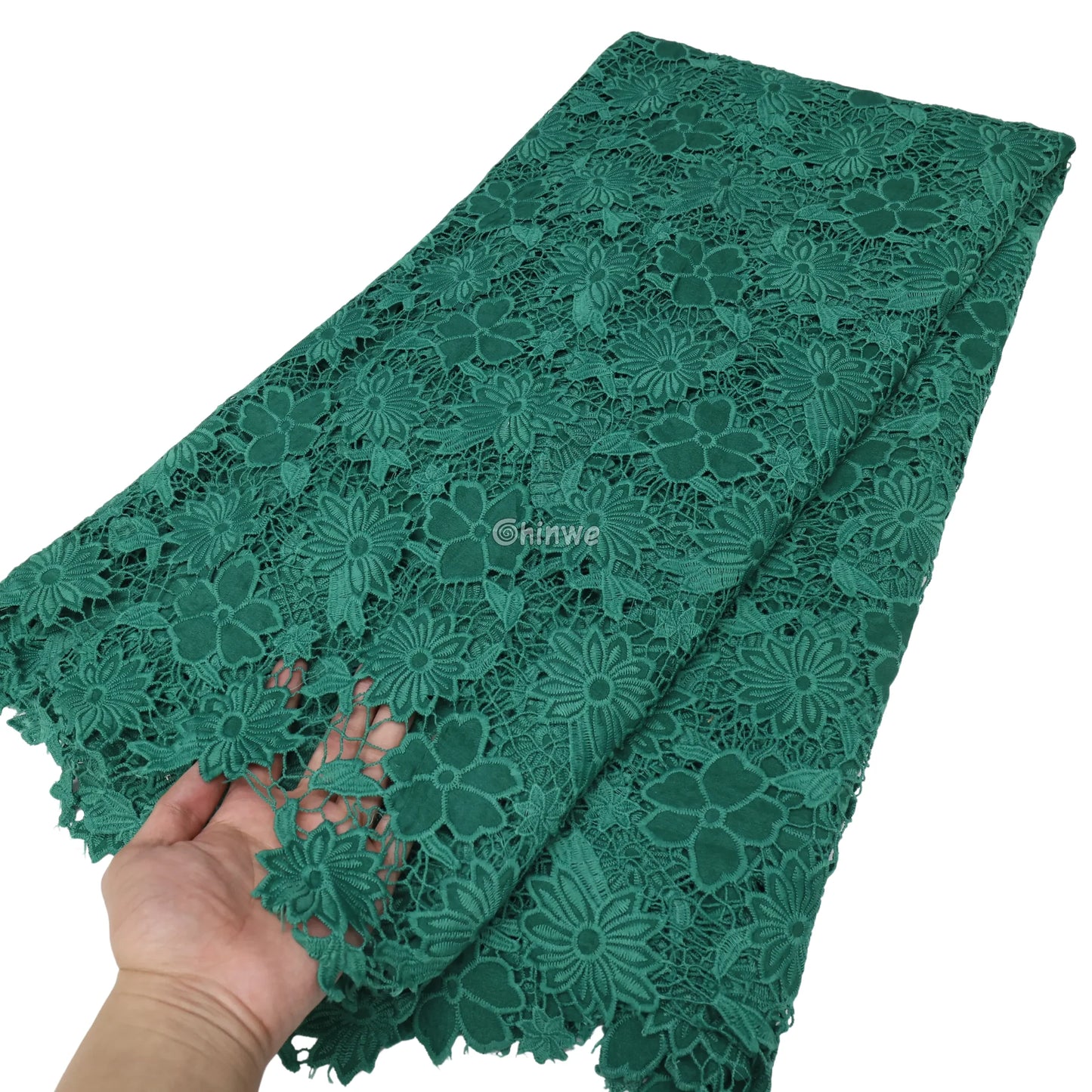 Guipure Lace Floral Appliqué Scalloped Edge with Sequined Accents & Sheer Mesh Ground Emerald Forest / 5 Yards / 120cm