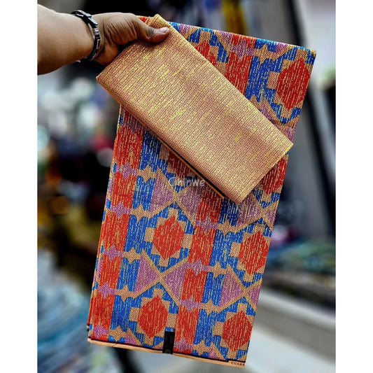 Red Blue & Lilac Kente Brocade with Radiant Medallion Motif and Gold Metallic Detailing Sunburst Jewel Kente / 6yards