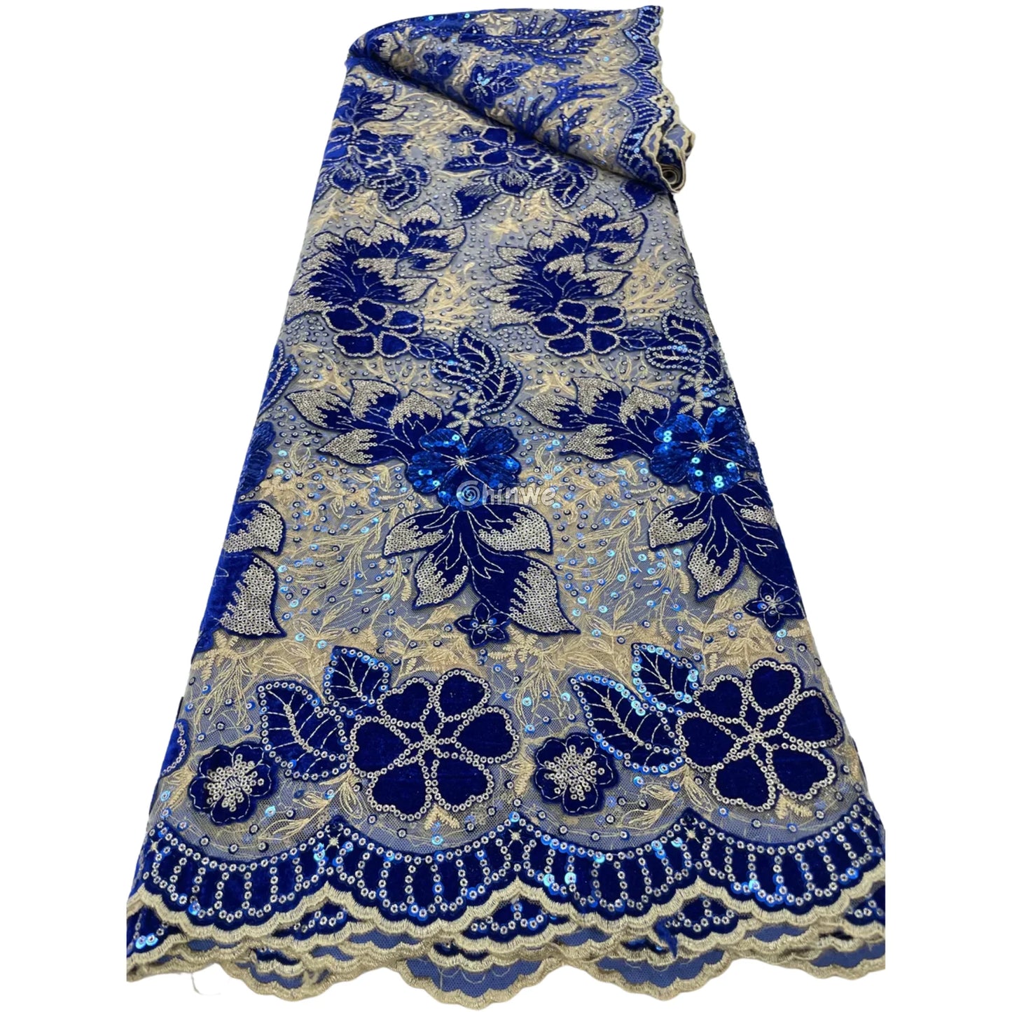 Champagne Mesh Floral Velvet Appliqué Sequined Lace Fabric with Scalloped Floral Edge