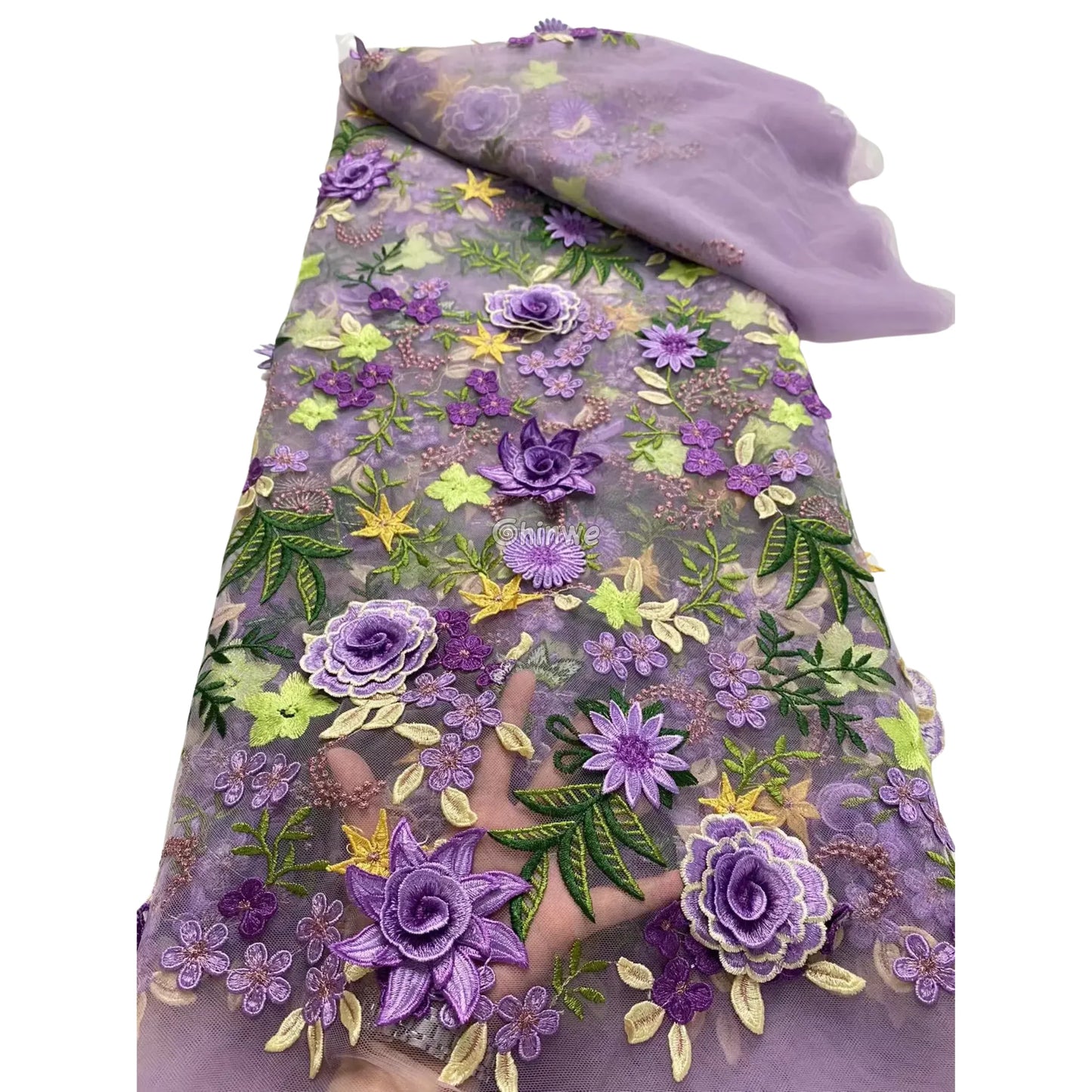 3D Floral Appliqué Lace on Sheer Mesh Raised Embroidered Flowers and Leaves Lavender Dream Purple / 5 yards Lace