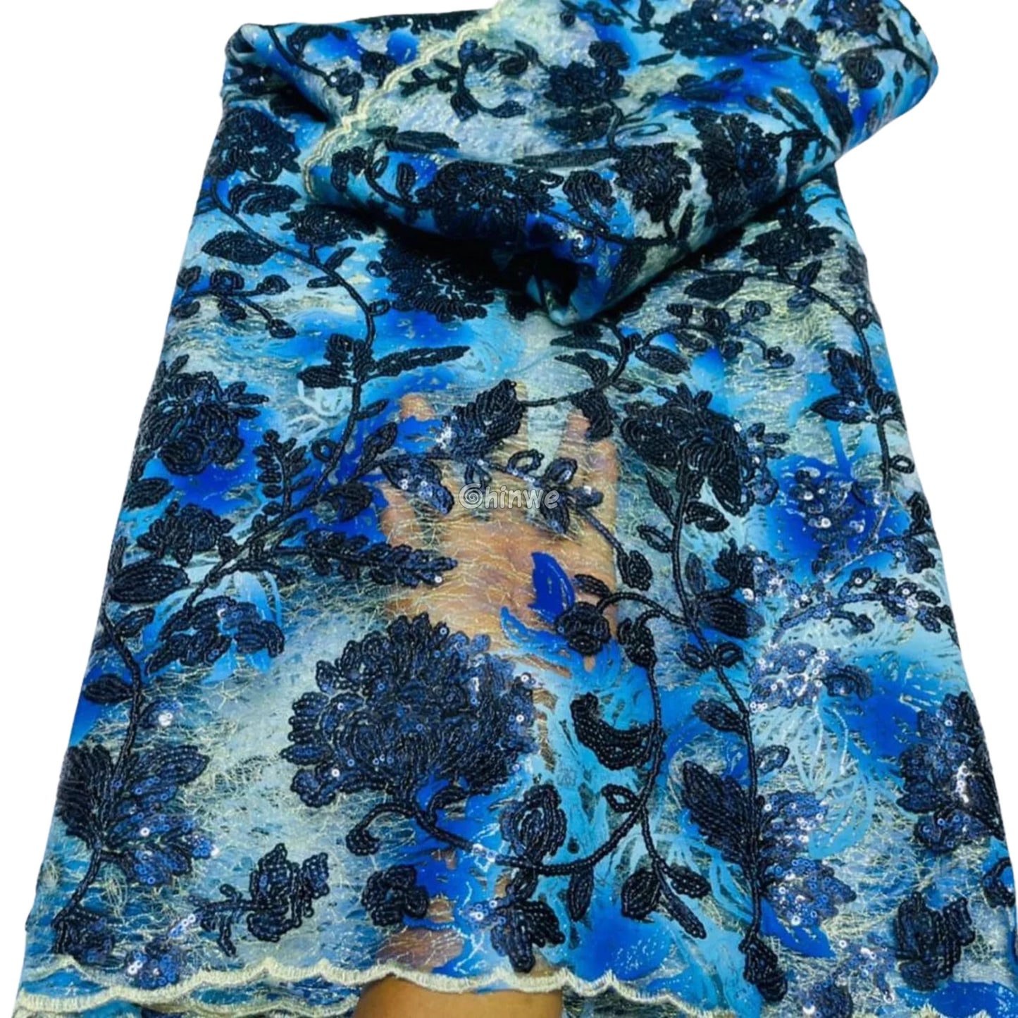 Sequined Floral Vine Embroidered Lace with Sheer Textured Base and Shimmer Finish Lace