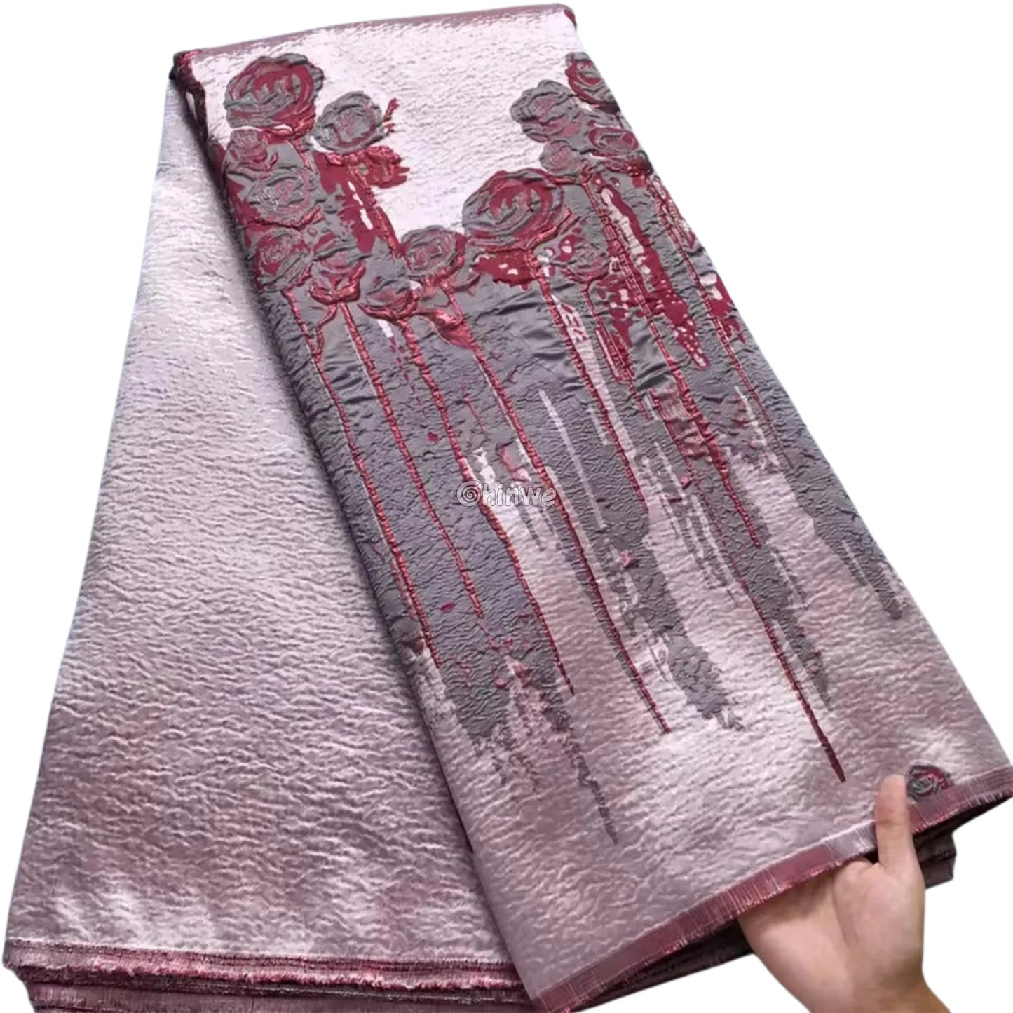 3D Rose Drip Embroidered Brocade Fabric – Floral Metallic Jacquard with Textured Sheen