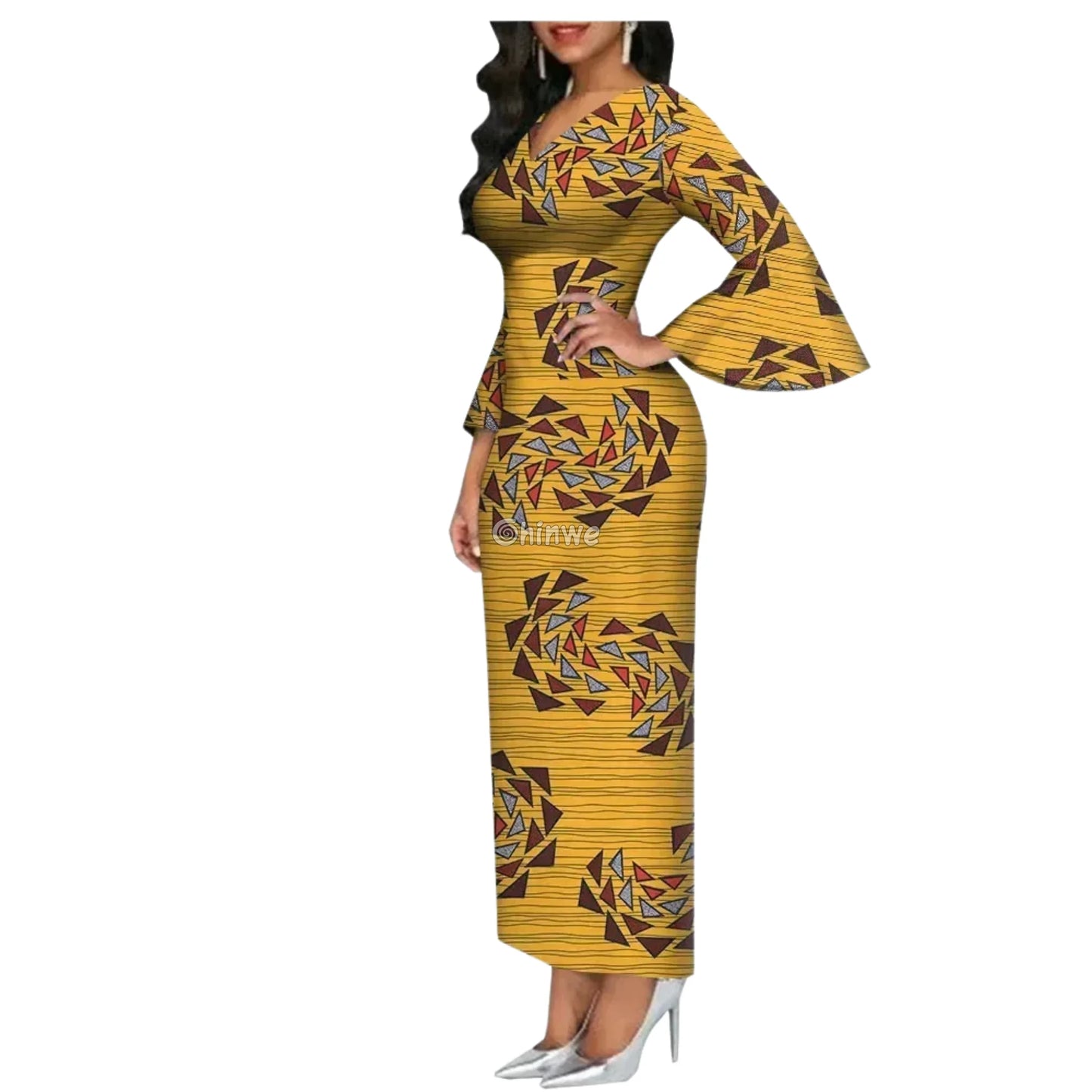 Imani One Shoulder Flare Sleeve Ankara Dress In Royal Roots Yellow Maze / 6XL Women’s Clothing