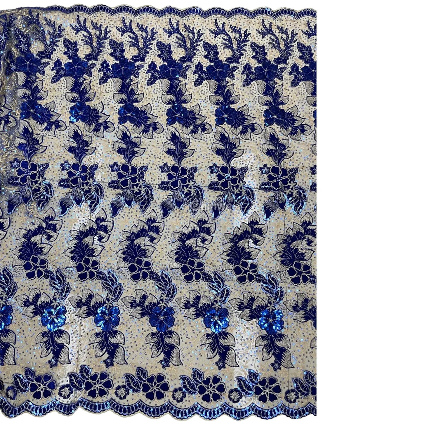 Champagne Mesh Floral Velvet Appliqué Sequined Lace Fabric with Scalloped Floral Edge