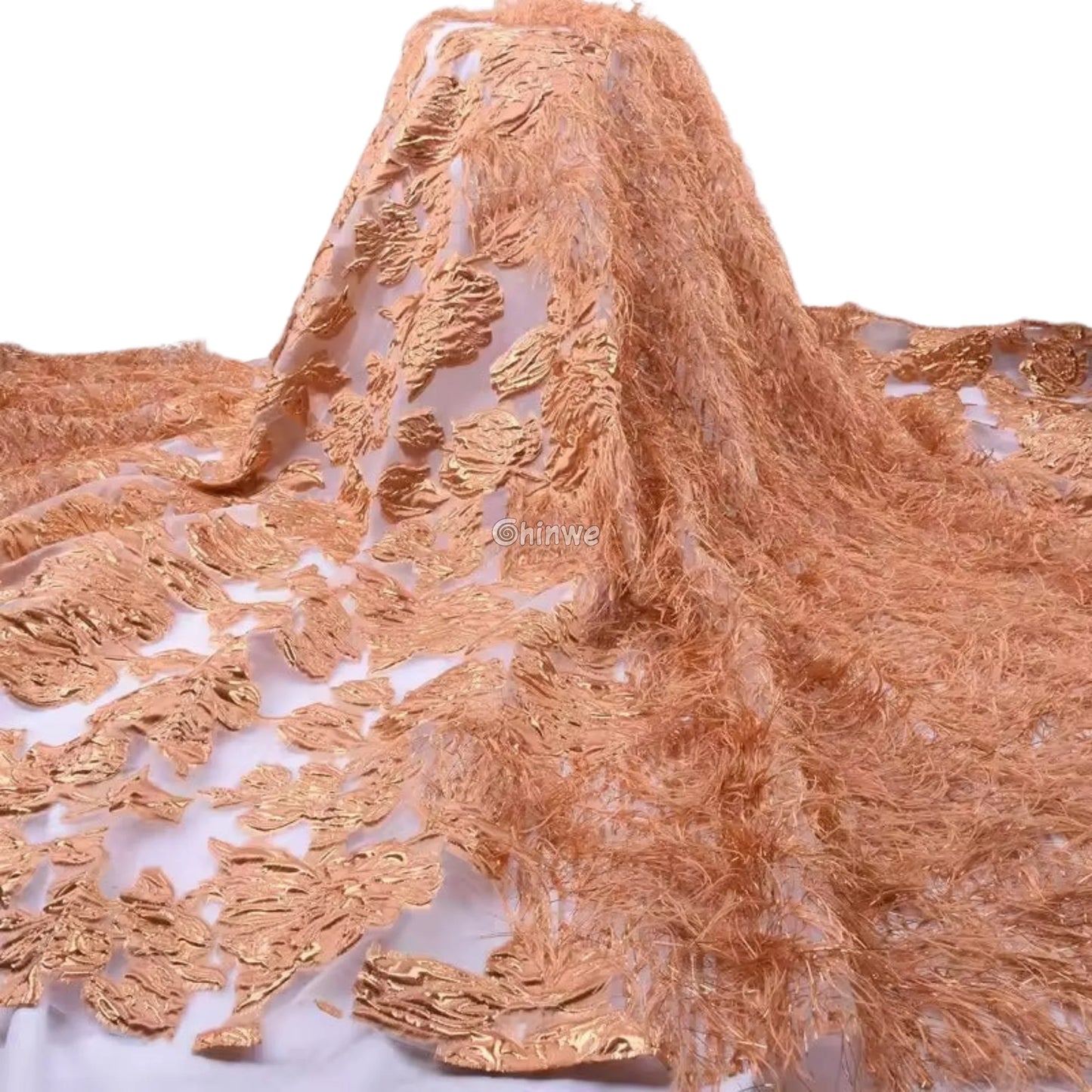 3D Floral Fringe Lace with Raised Embroidery & Metallic Fibers on Mesh Tulle Fabric Lace