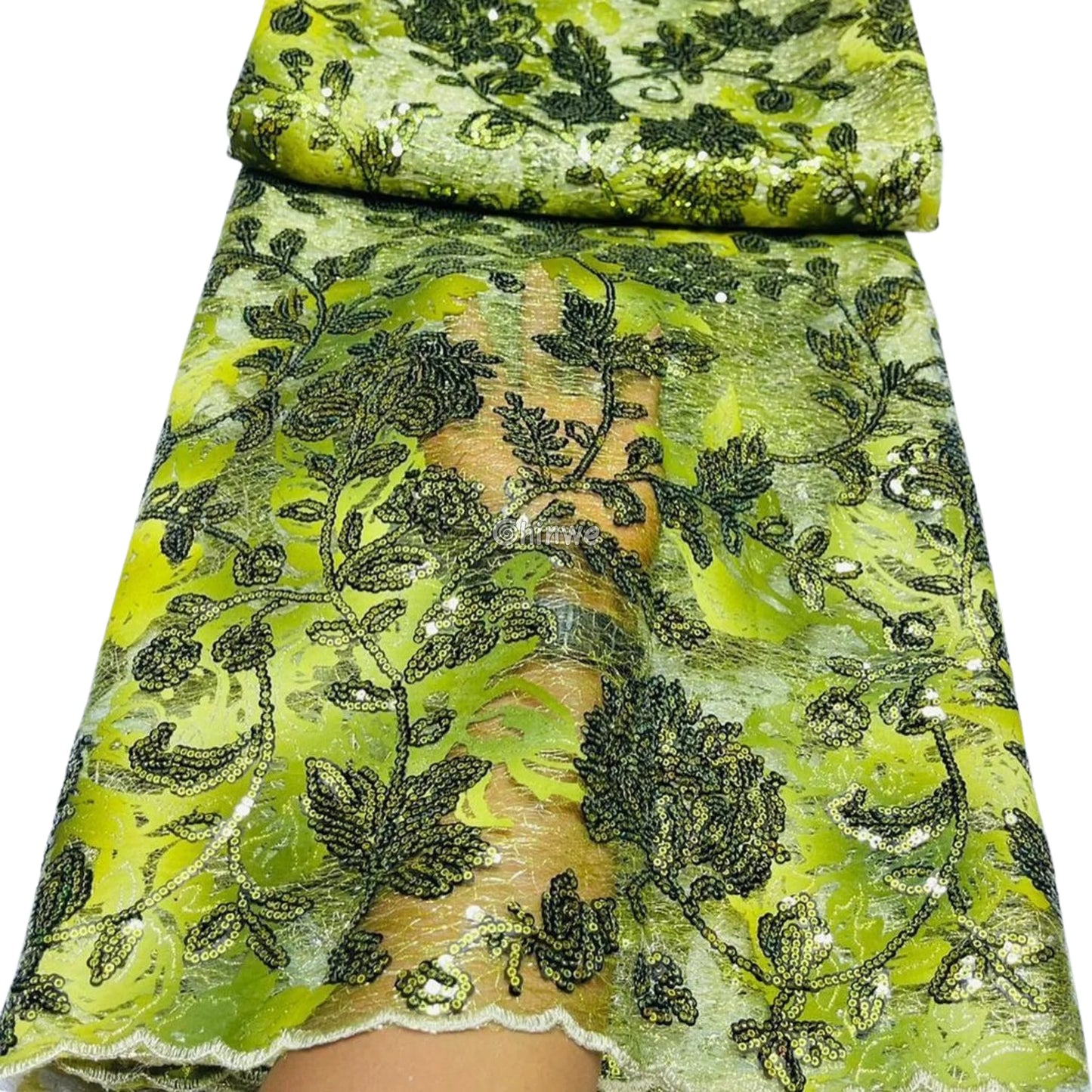 Sequined Floral Vine Embroidered Lace with Sheer Textured Base and Shimmer Finish Lace