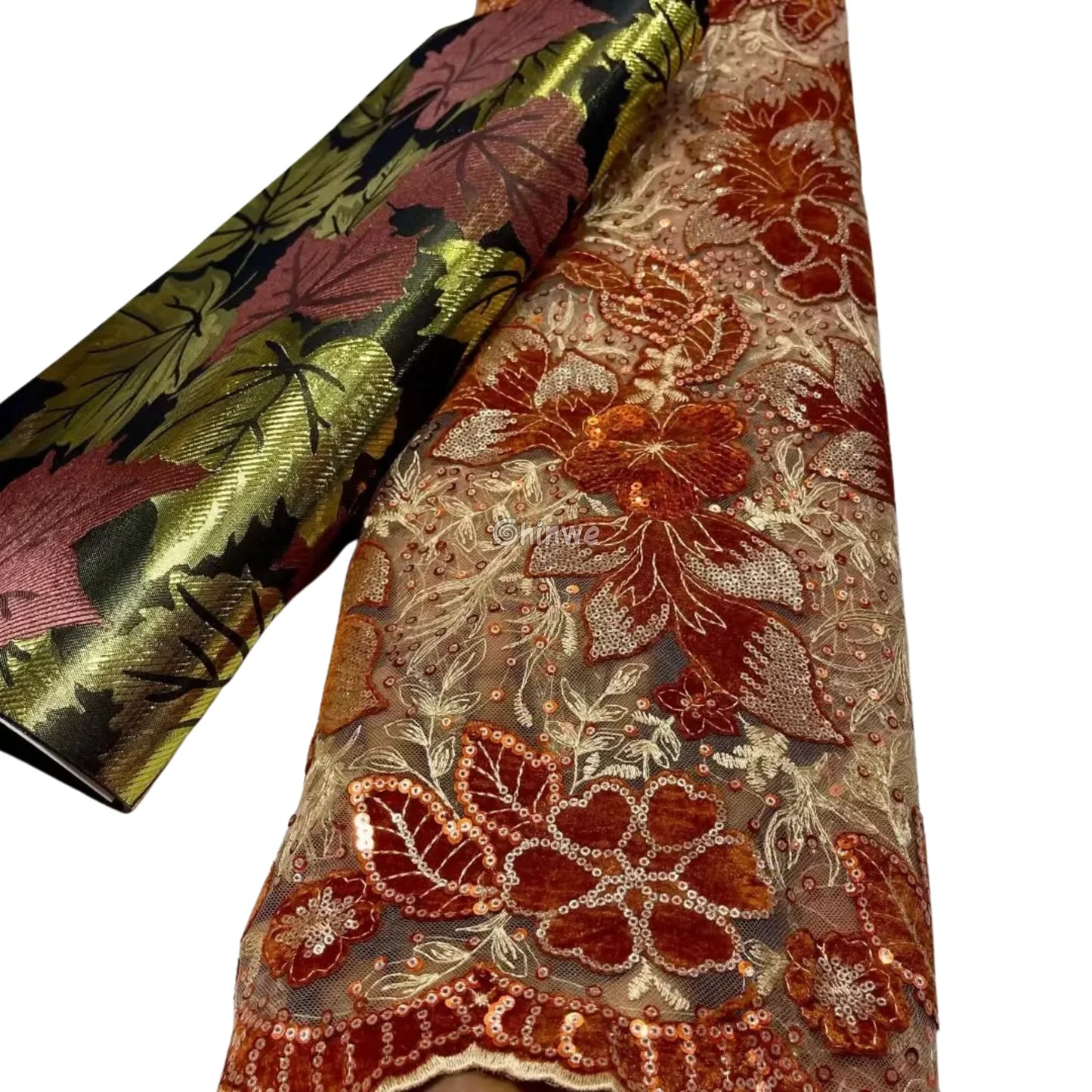 Champagne Mesh Floral Velvet Appliqué Sequined Lace Fabric with Scalloped Floral Edge