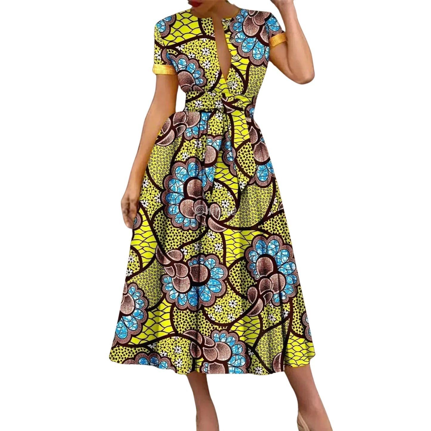 Ada Midi Belted Ankara Dress in Electric Garden Women’s Clothing