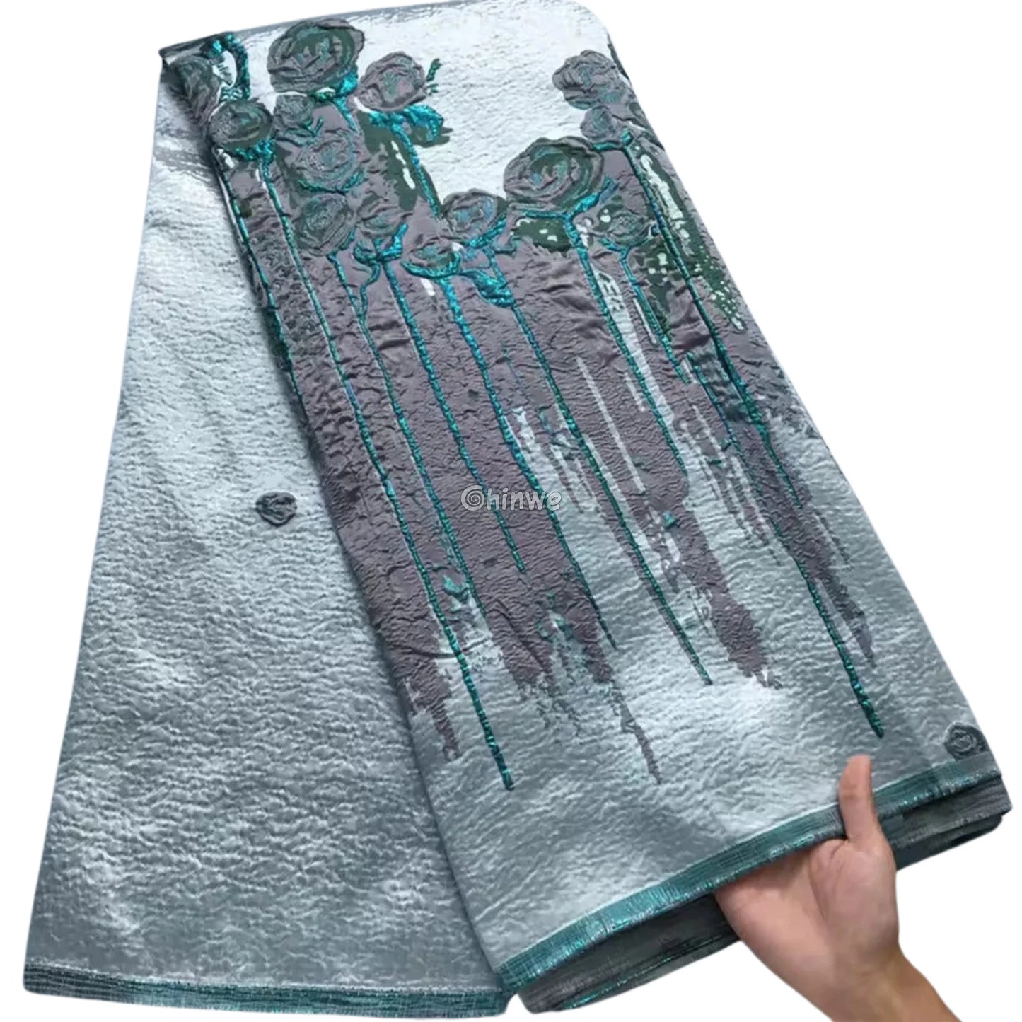 3D Rose Drip Embroidered Brocade Fabric – Floral Metallic Jacquard with Textured Sheen Teal Silver Rose Jacquard Lace