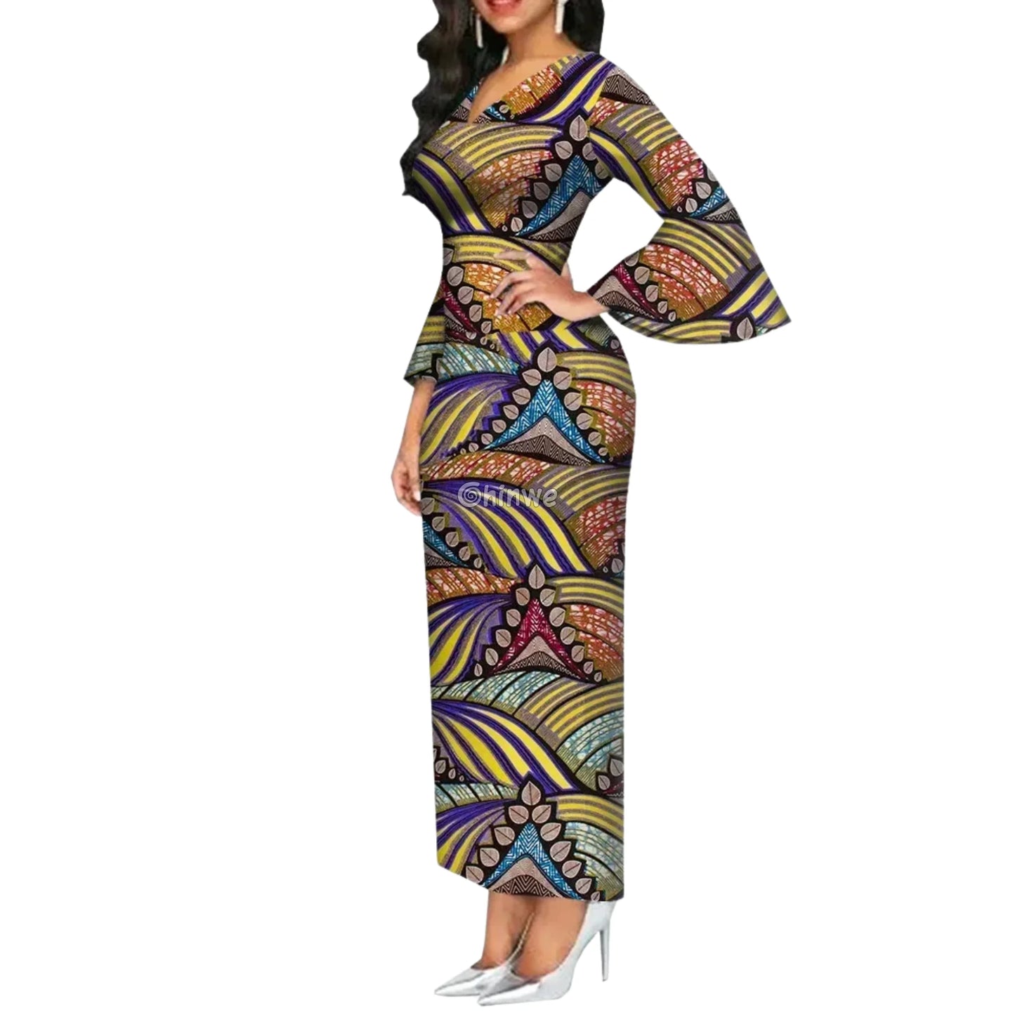 Imani One Shoulder Flare Sleeve Ankara Dress In Royal Roots Women’s Clothing