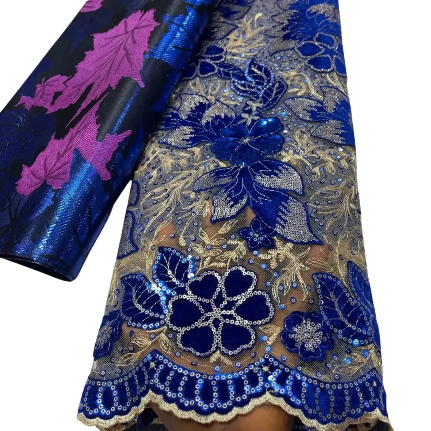 Champagne Mesh Floral Velvet Appliqué Sequined Lace Fabric with Scalloped Floral Edge
