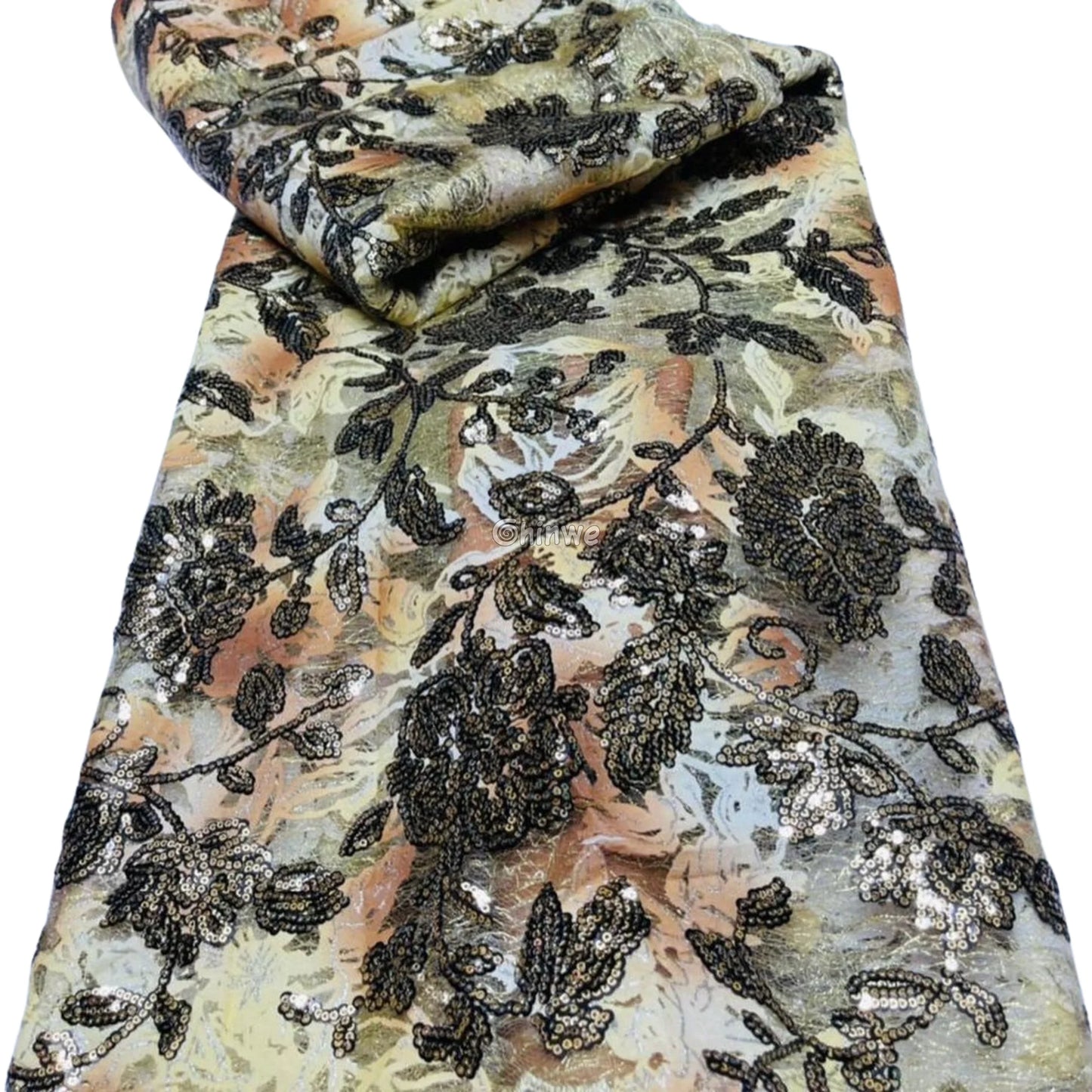 Sequined Floral Vine Embroidered Lace with Sheer Textured Base and Shimmer Finish Lace