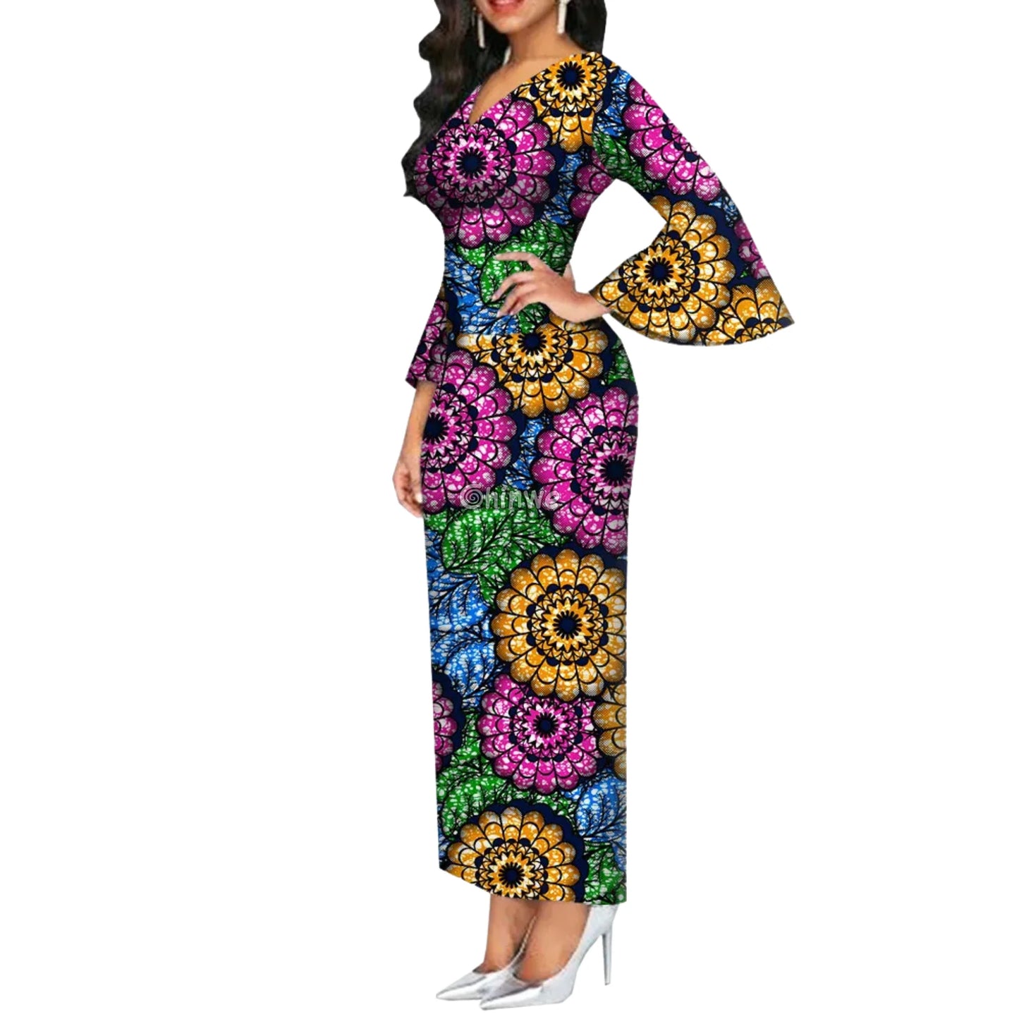 Imani One Shoulder Flare Sleeve Ankara Dress In Royal Roots Women’s Clothing